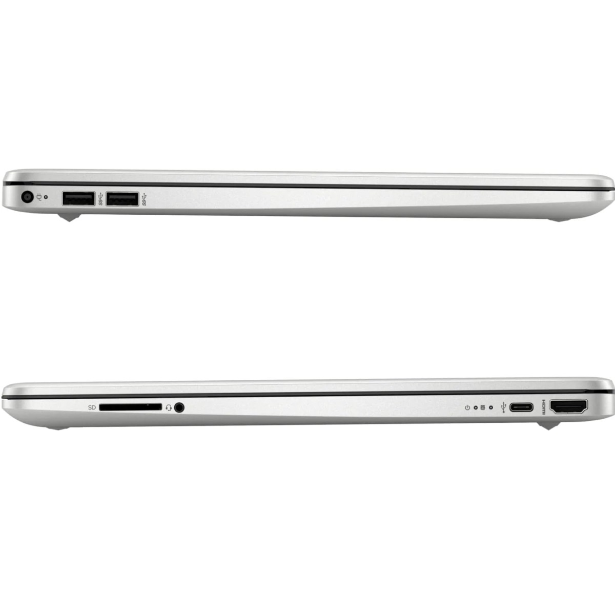 Zwei Seitenansichten eines silbernen Laptops. Zeigt Anschlüsse und Steckplätze an den Seiten. Weißer Hintergrund.