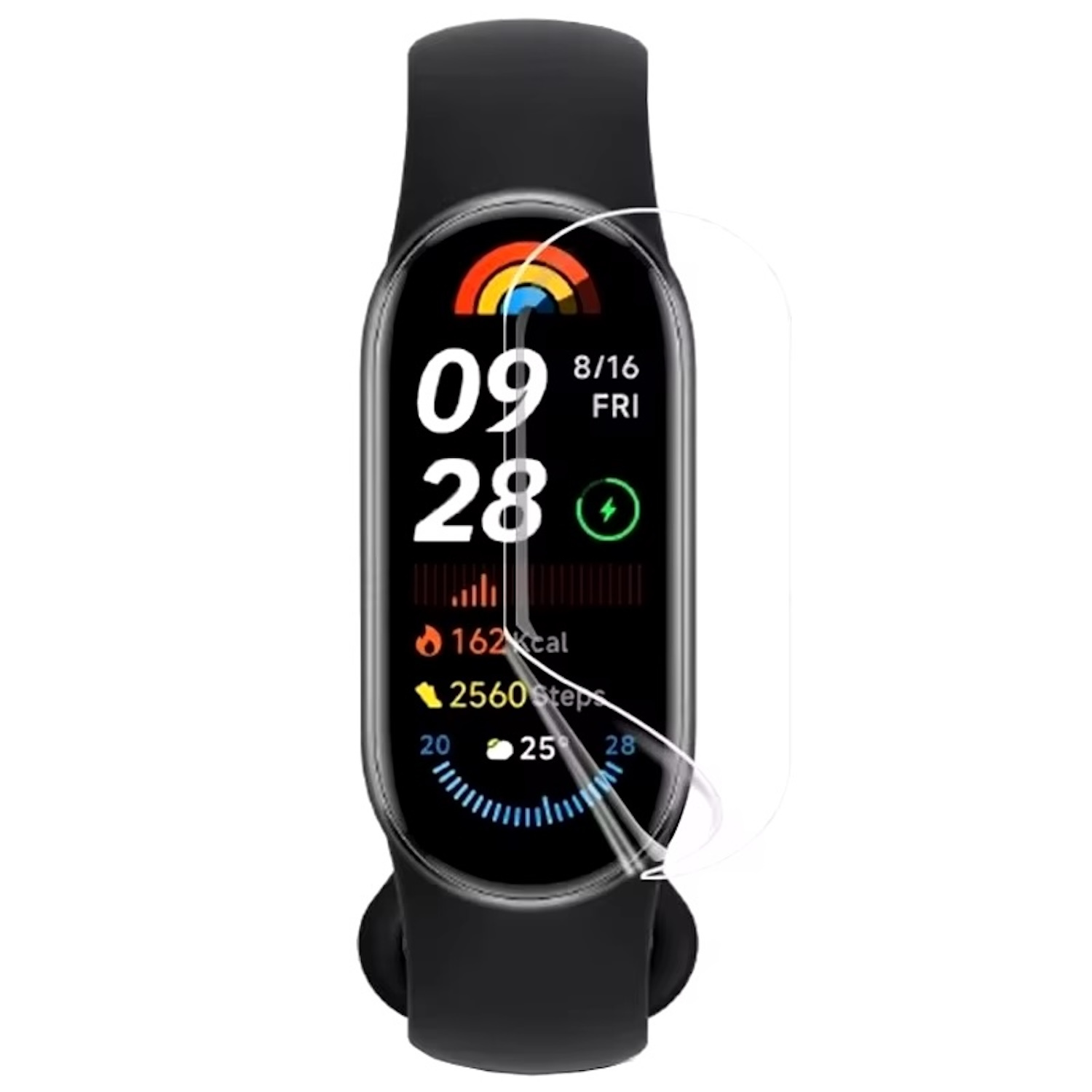 Ein schwarzes Smartband mit einem Bildschirm, der Zeit, Datum und Statistiken anzeigt.