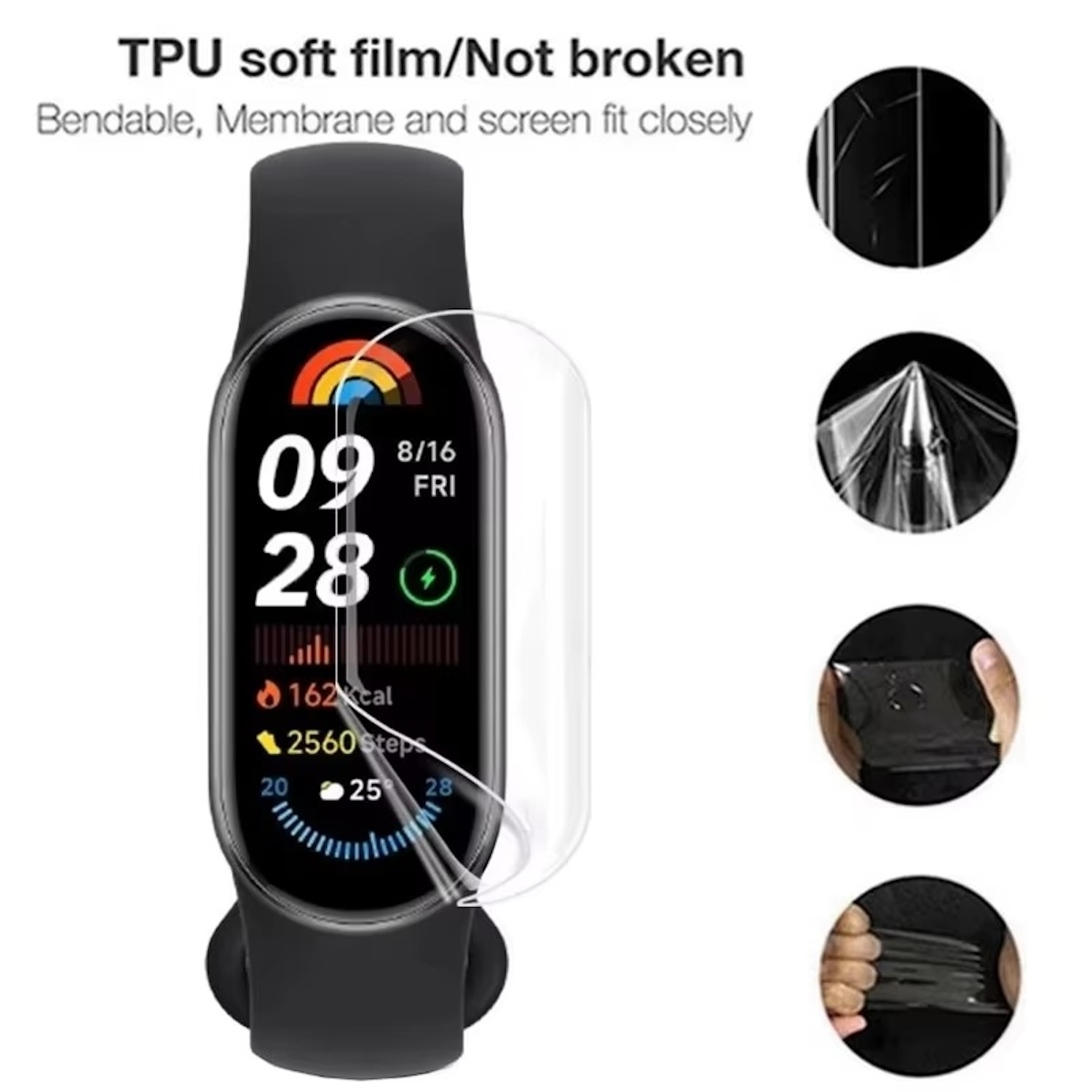 Smartwatch mit Zeit- und Statistikanzeige. Eine Displayschutzfolie wird angebracht. Die Uhr ist schwarz, der Hintergrund weiß.