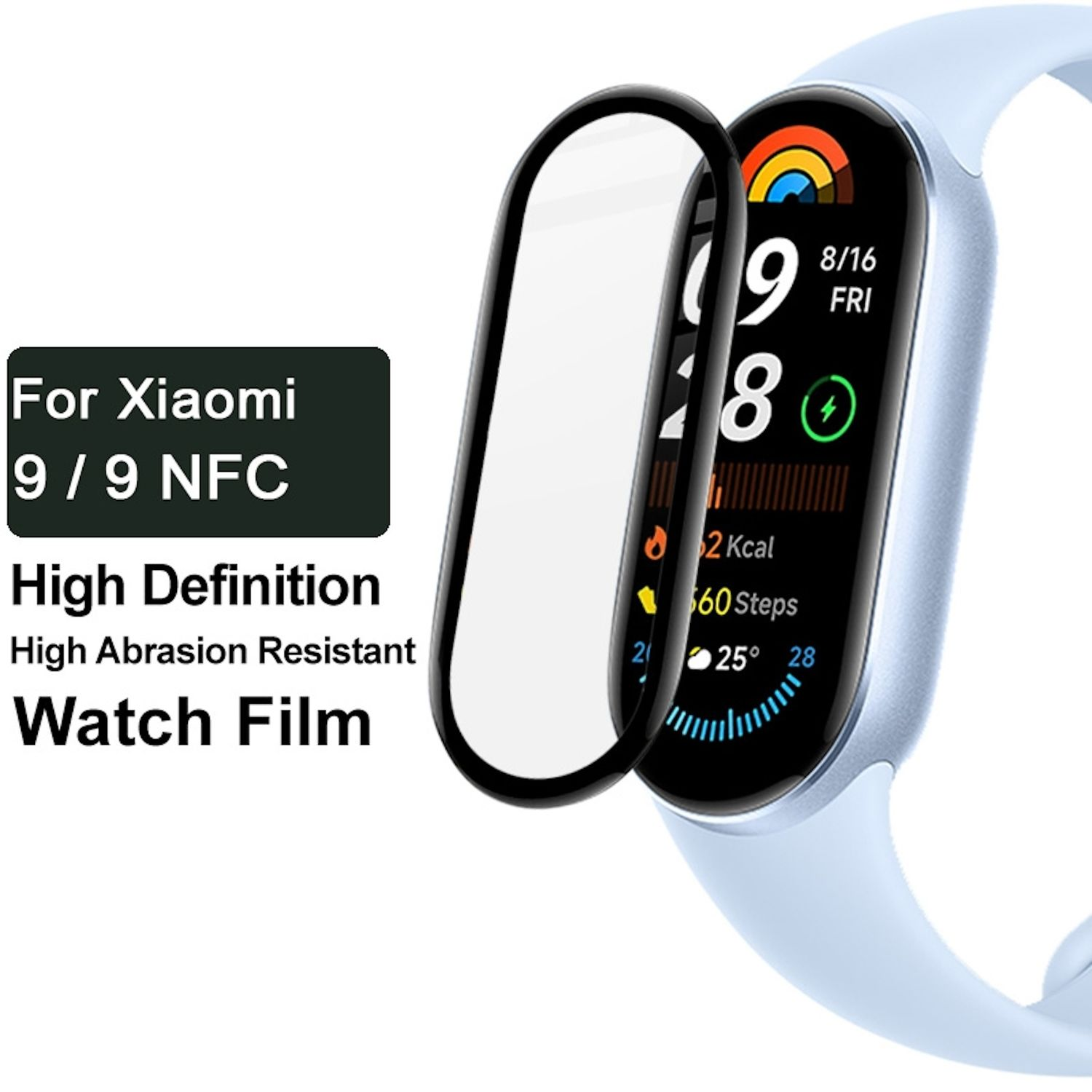 Displayschutzfolie, hellblaue Uhr mit schwarzem Bildschirm. Text: Für Xiaomi 9/9 NFC, High Definition.