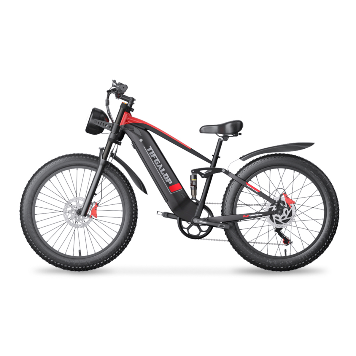 Czarny i czerwony rower elektryczny z dużymi oponami, reflektorem i siedzeniem.
