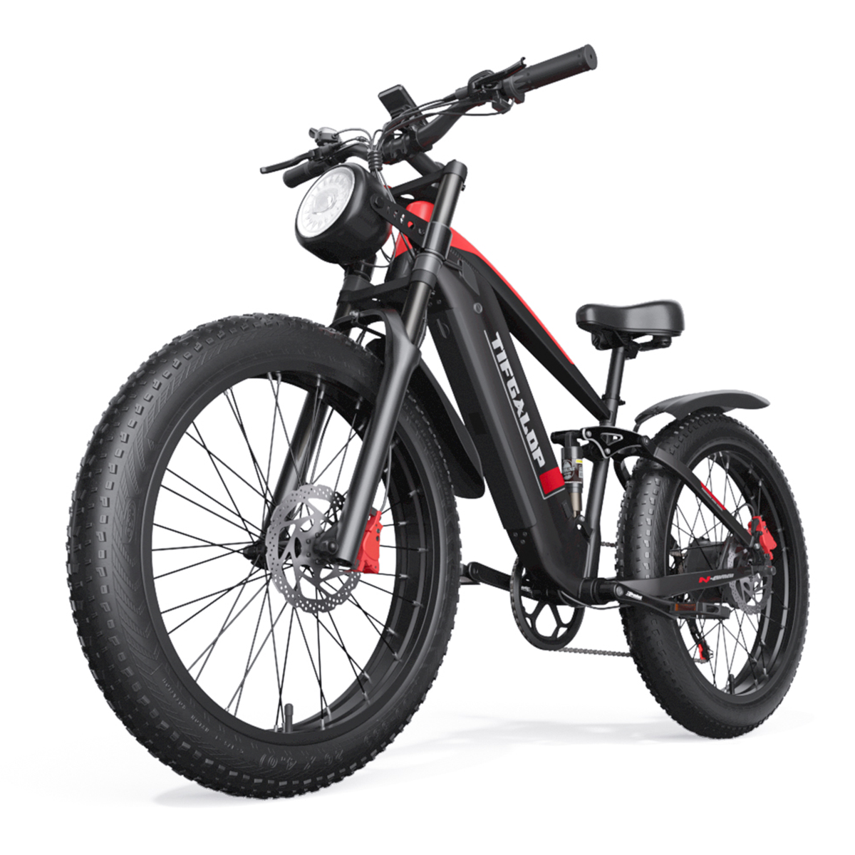 Czarny i czerwony rower elektryczny z dużymi oponami. Posiada reflektor i system zawieszenia.