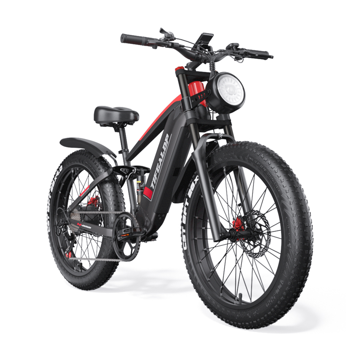 Czarny i czerwony rower elektryczny na białym tle. Widok z przodu, z dużymi oponami.