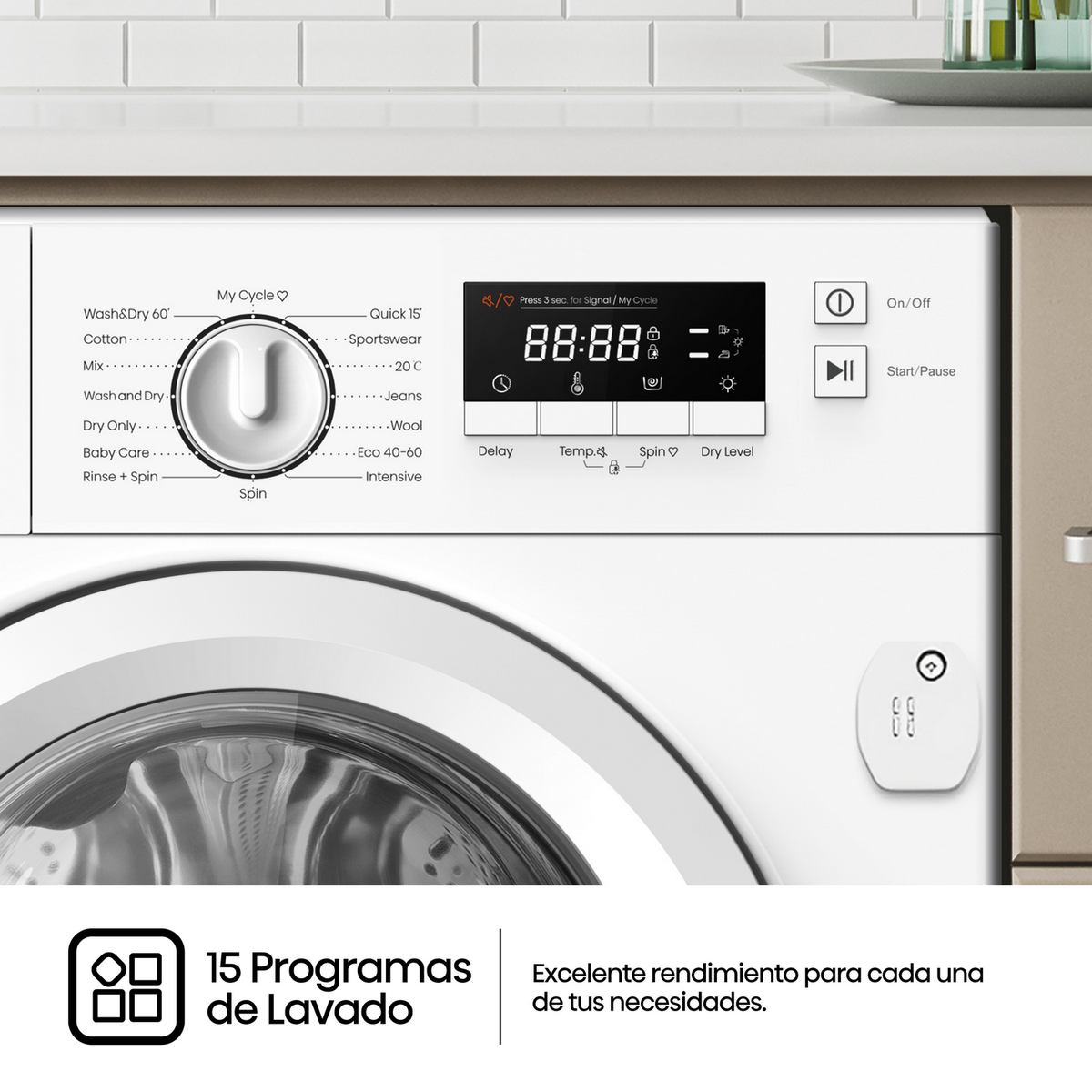 Panel sterowania pralki z przyciskami i wyświetlaczem pokazującym czas.