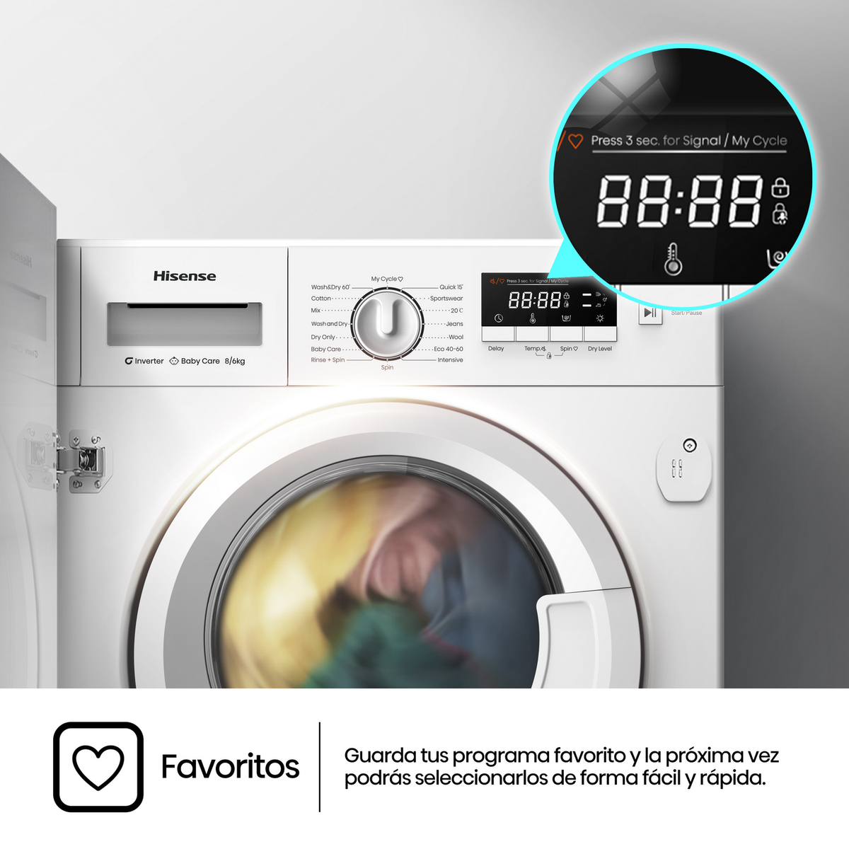 Panel sterowania pralki z wyświetlaczem, pokazujący czas i blokadę.