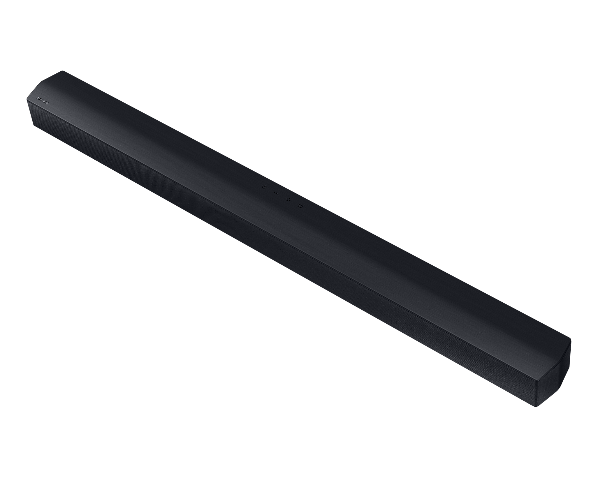 Czarny soundbar na czarnym tle. Soundbar jest długi i prostokątny.