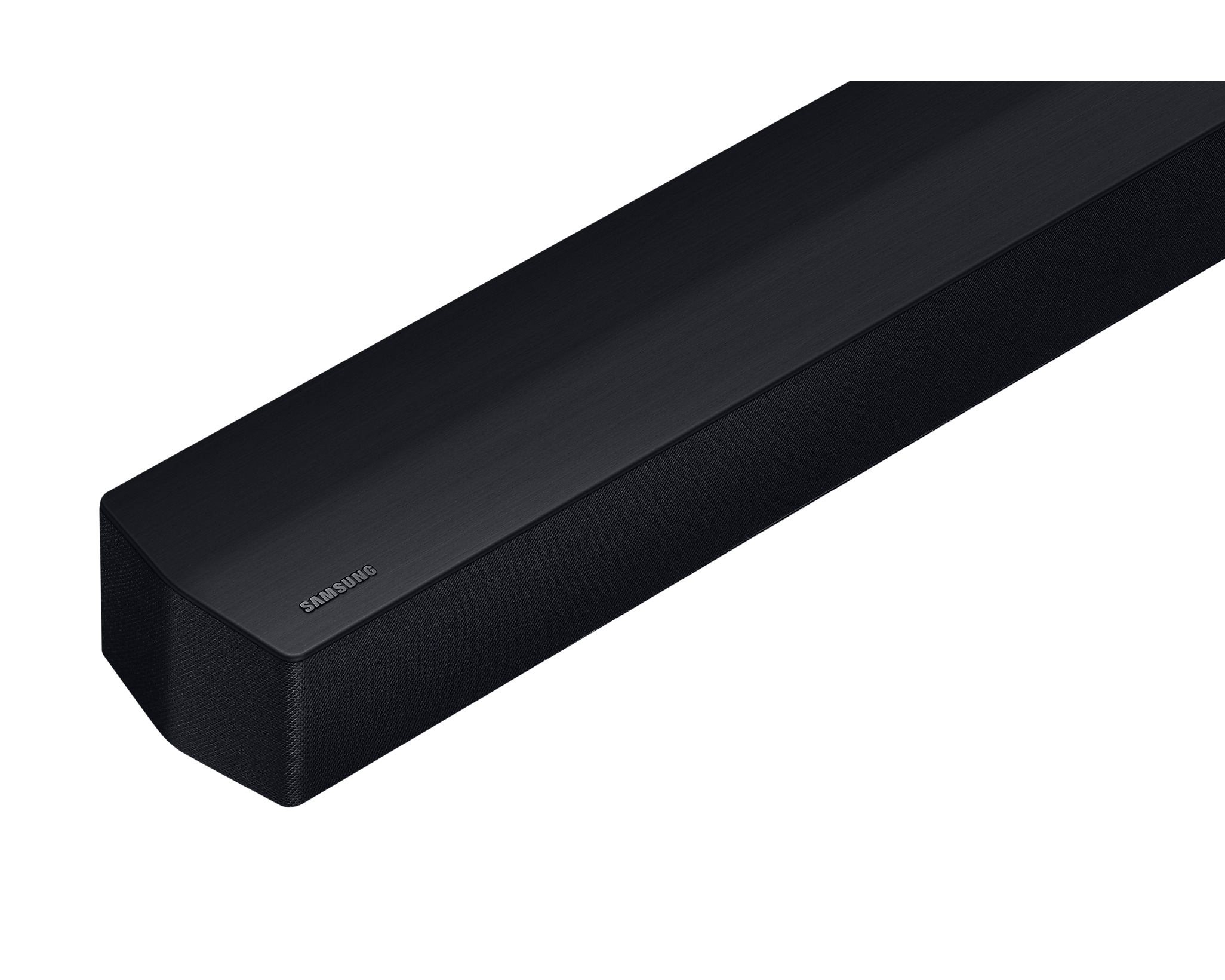 Czarny soundbar, widoczne logo Samsung. Na ciemnym tle.