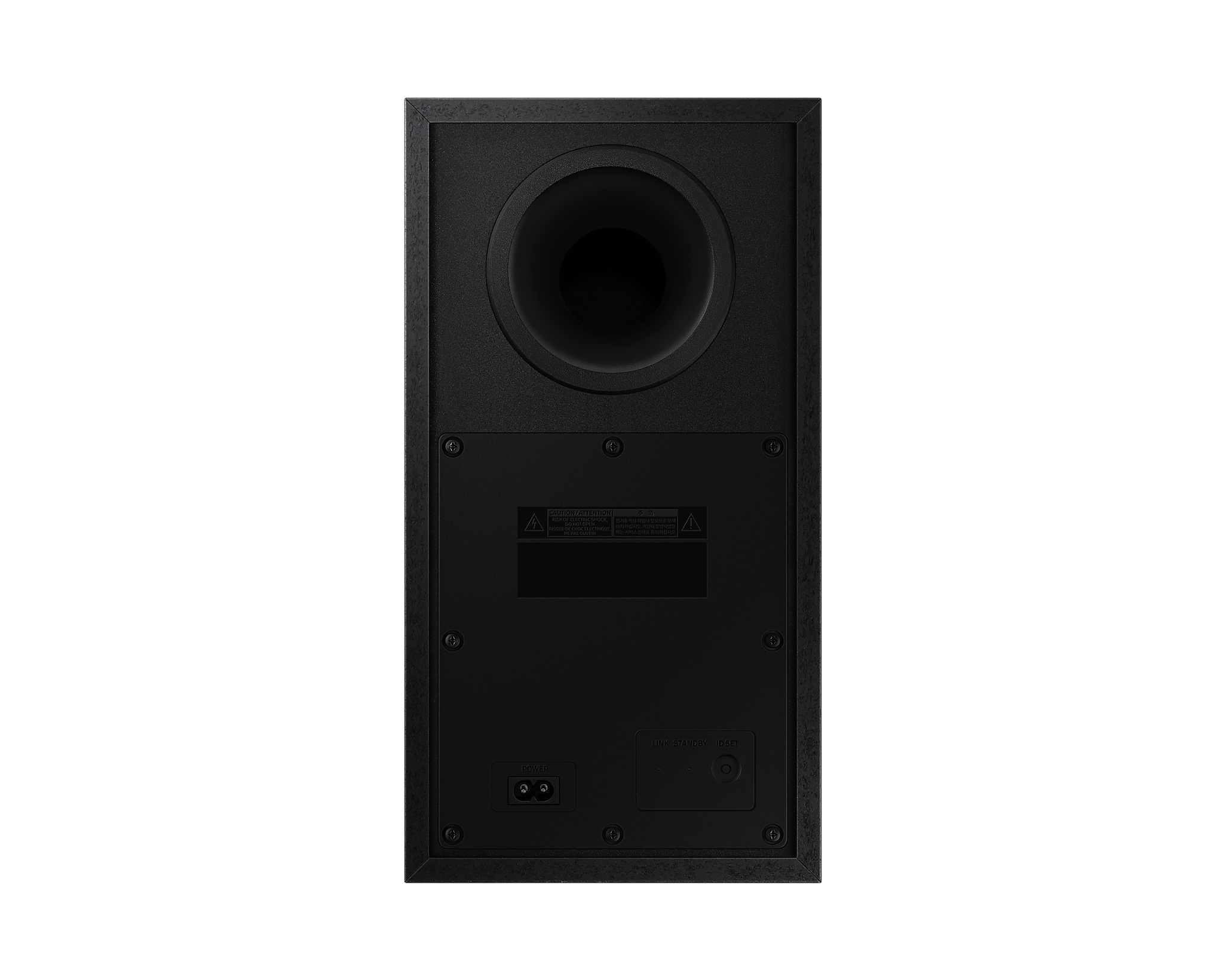 Czarny tył głośnika z otworem na subwoofer i etykietami.