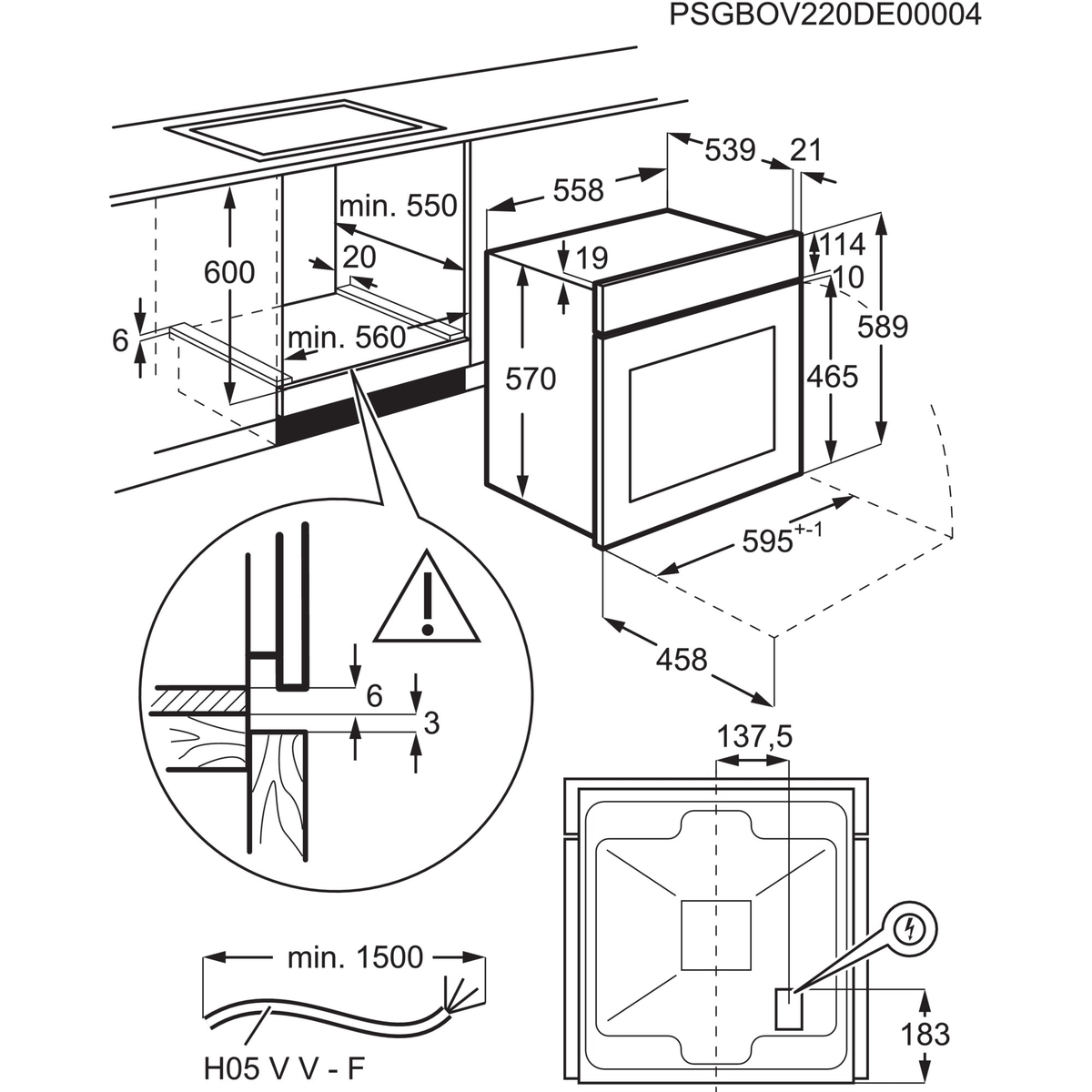 Dibujo técnico de un horno con dimensiones, cableado eléctrico y detalles de instalación.