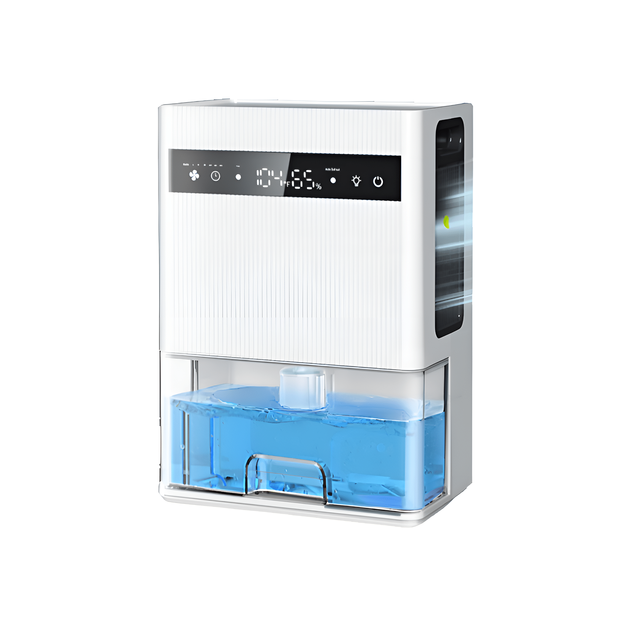 Ein weißer und schwarzer Luftentfeuchter mit Display und Wassertank. Blaues Wasser ist sichtbar.