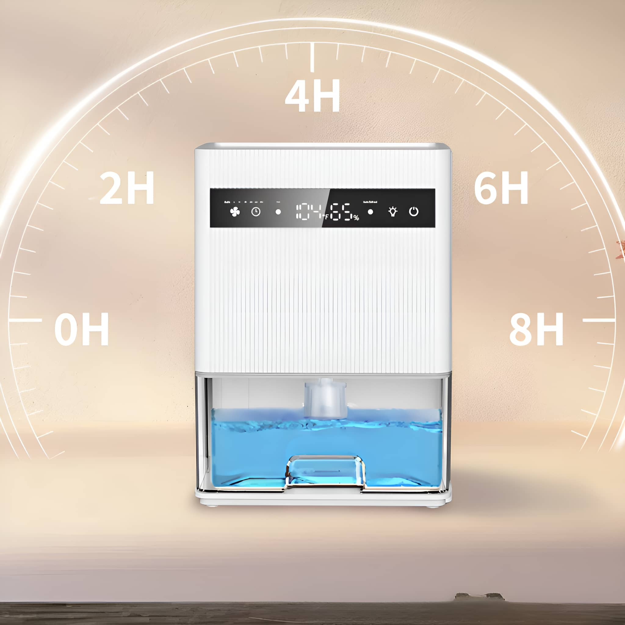 Weißer Luftentfeuchter mit Wassertank und Zeiteinstellungen.