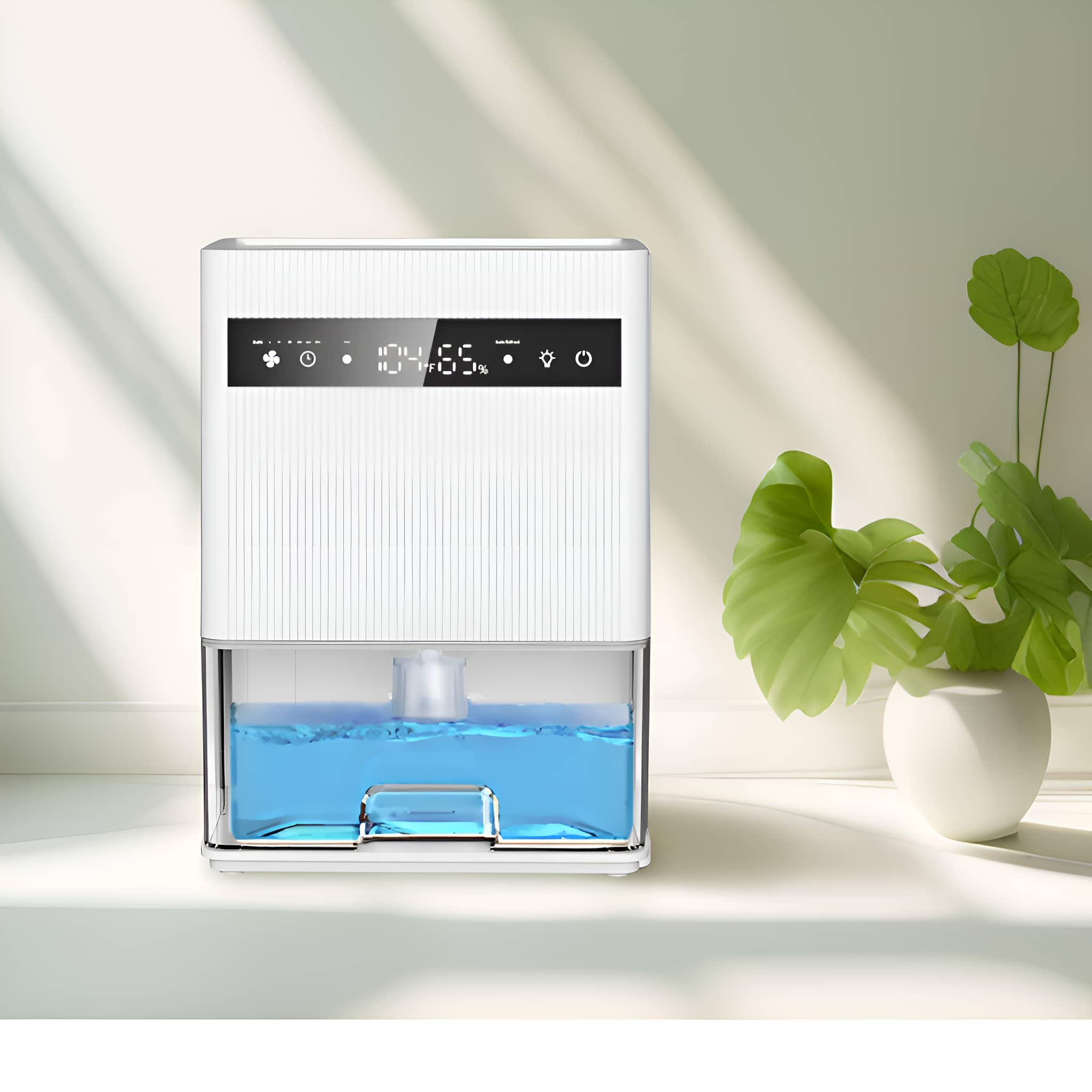Weißer Luftentfeuchter mit Digitalanzeige, Wassertank und Pflanze in Vase auf weißer Oberfläche.