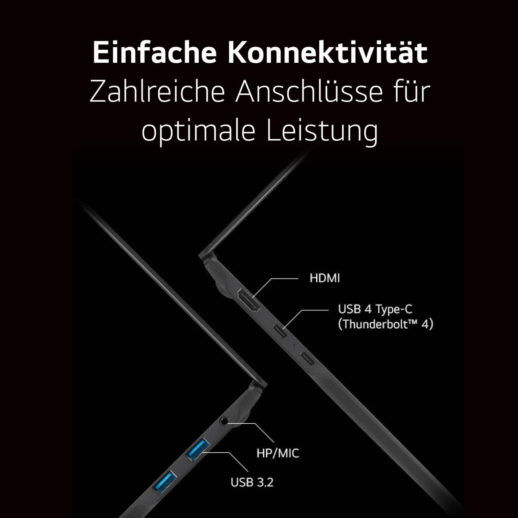 Laptop-Anschlüsse, USB, HDMI und USB 4. Der Laptop ist schwarz.