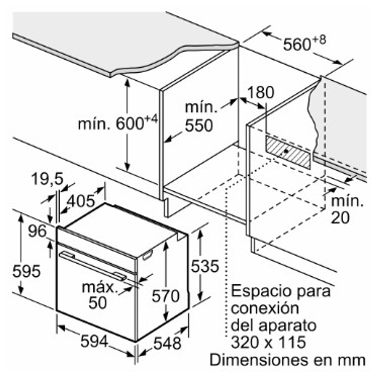 Disegno tecnico di un forno a incasso con dimensioni in millimetri.