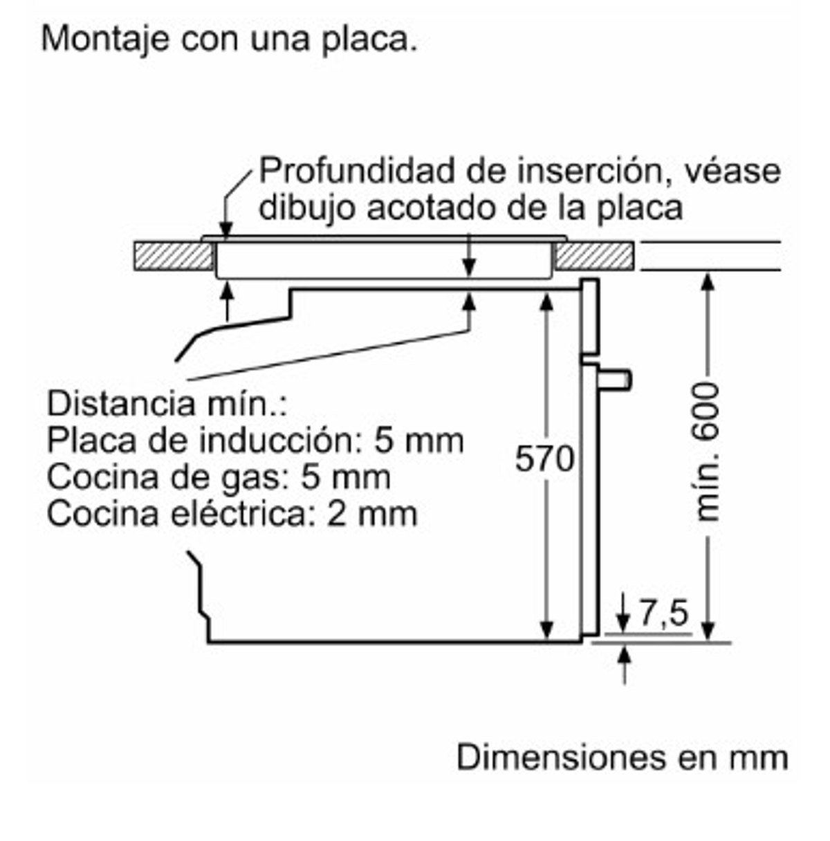 Disegno tecnico con dimensioni in spagnolo, che mostra i dettagli di installazione.