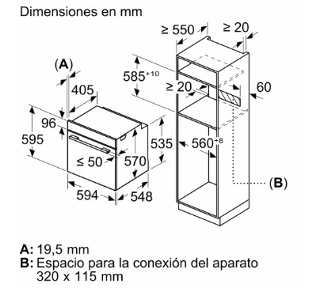 Disegno tecnico di un forno e un mobile, con dimensioni in millimetri.