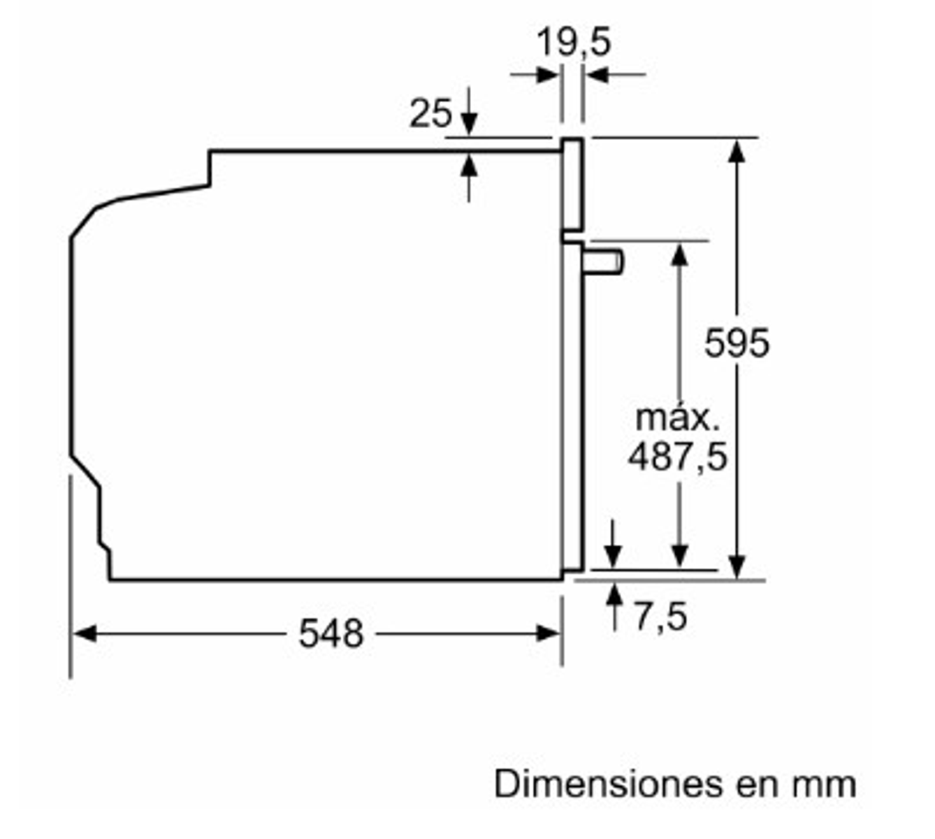 Vista laterale di un forno con dimensioni in mm. Sfondo bianco.