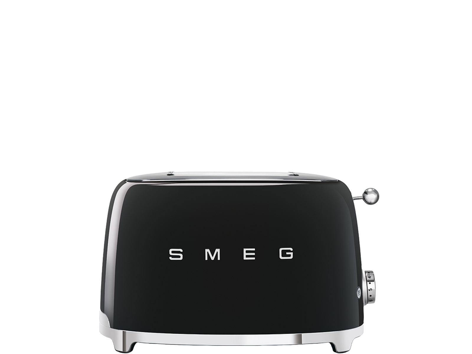 Czarny toster SMEG. Chromowane akcenty i dźwignia z boku.