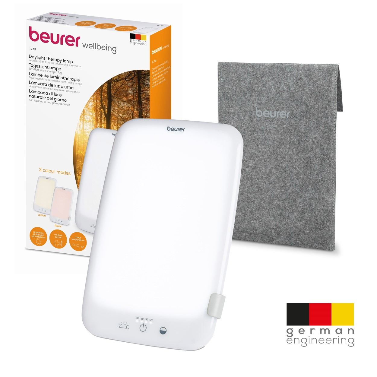 Eine Tageslichttherapielampe mit Box und Tragetasche, mit Text.