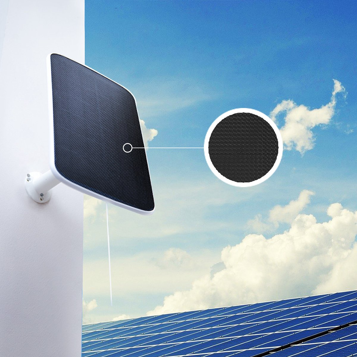 Panel słoneczny zamontowany na ścianie, z bliska na teksturowaną powierzchnię panelu.