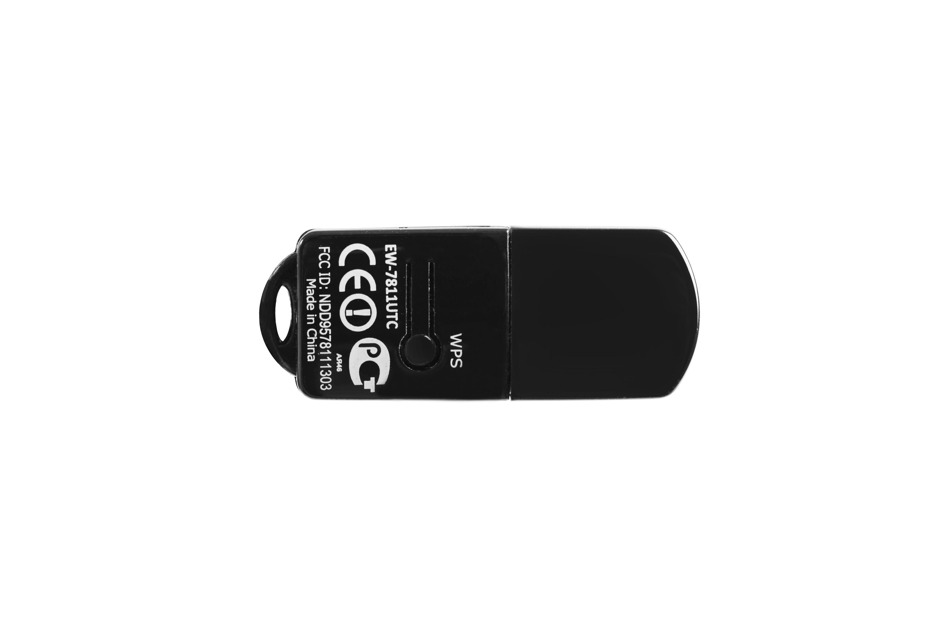 A black USB drive with text, a label and the letters 'WPS' on a white background.