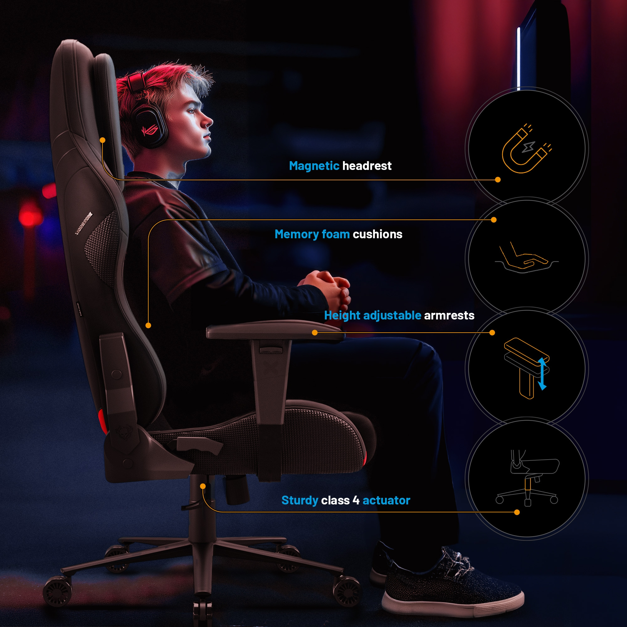 Mężczyzna w fotelu gamingowym z zestawem słuchawkowym. Cechy: magnetyczny zagłówek, poduszki z pianki, regulowane podłokietniki.