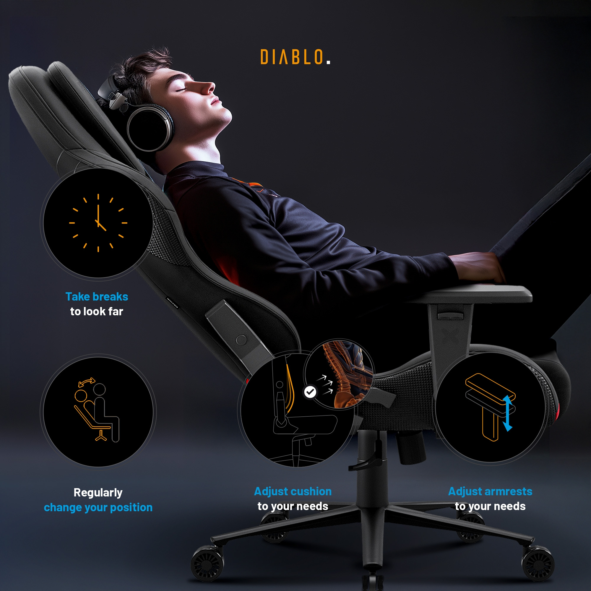 Mężczyzna w fotelu gamingowym ze słuchawkami. Ilustracje pokazują wskazówki dotyczące przerw, pozycji i podłokietników.