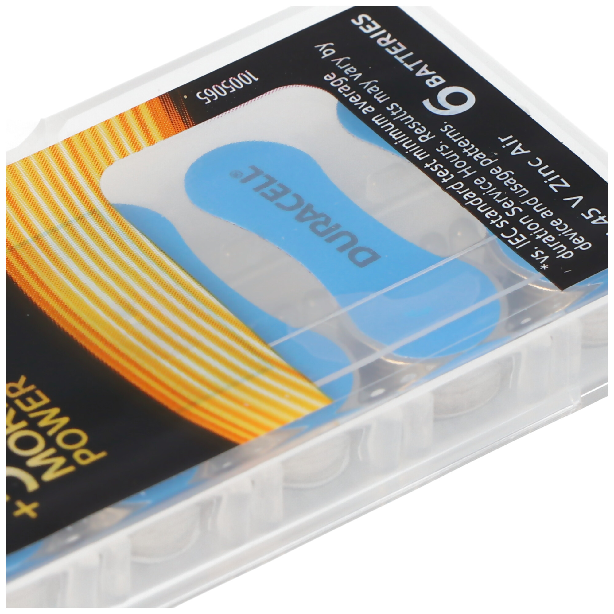 Pile Duracell in un astuccio di plastica trasparente, con testo e una forma di batteria blu.