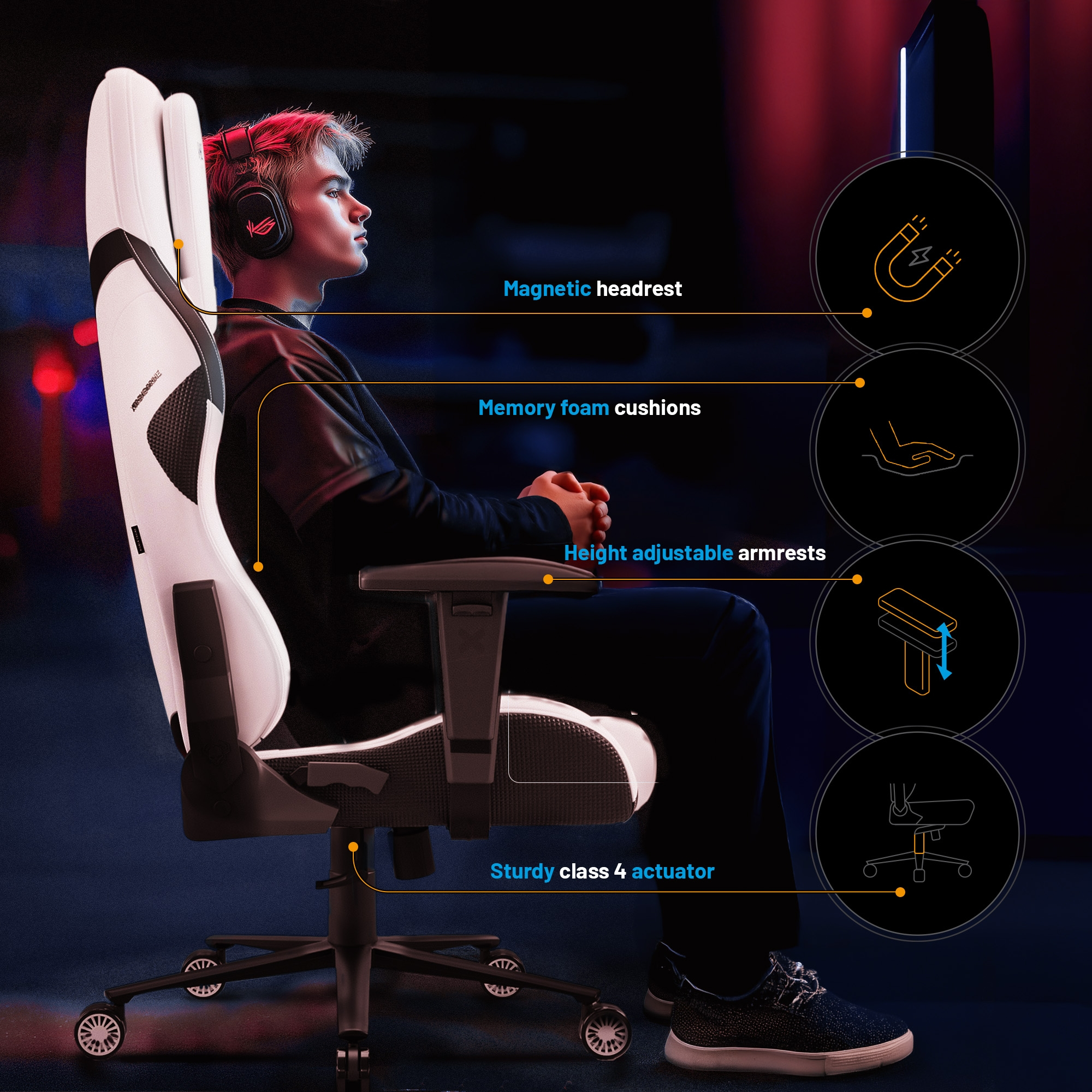 Osoba na krześle do gier z oznaczonymi funkcjami. Zagłówek, poduszki, podłokietniki i siłownik.