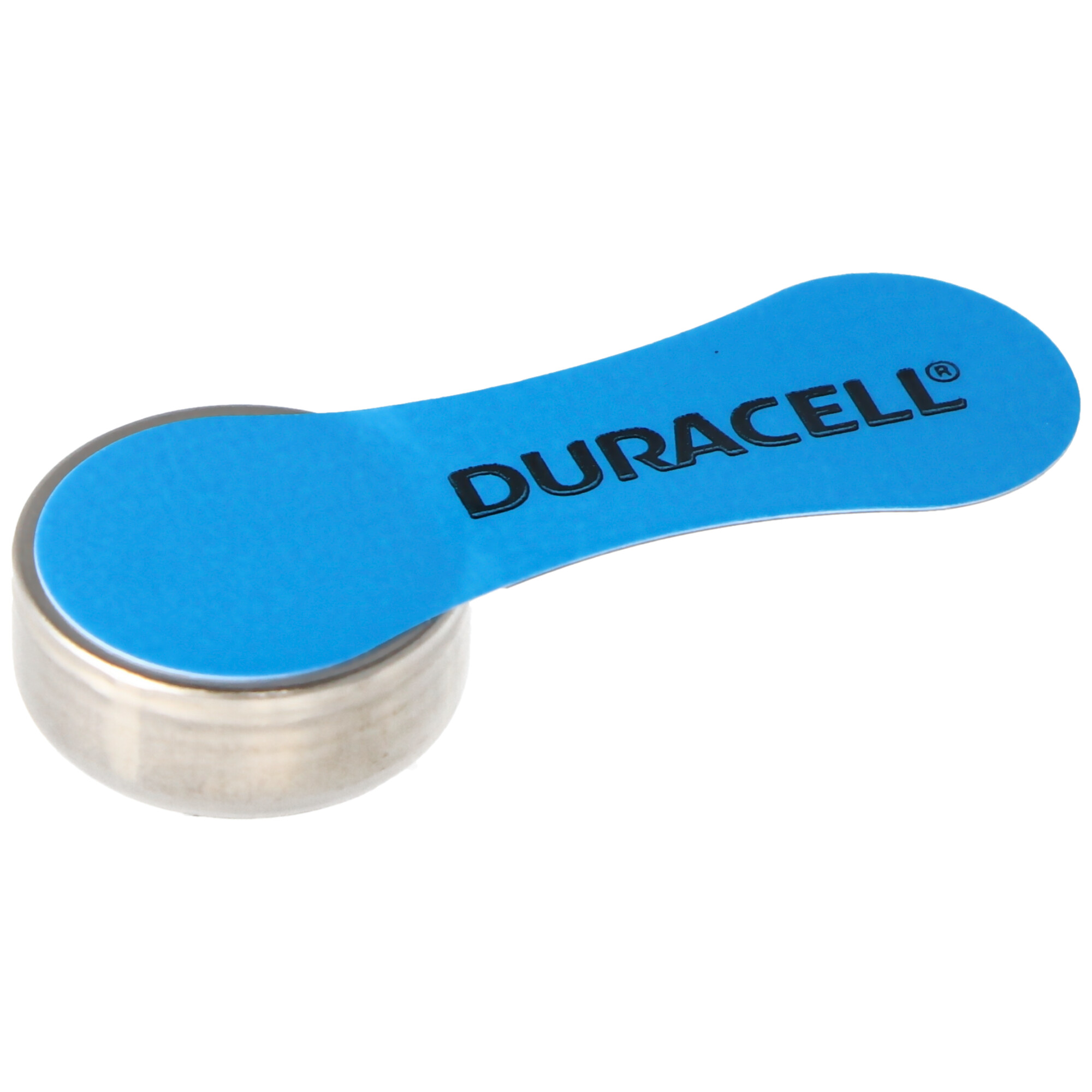 Pila a bottone con etichetta Duracell. Etichetta blu, batteria argentata.