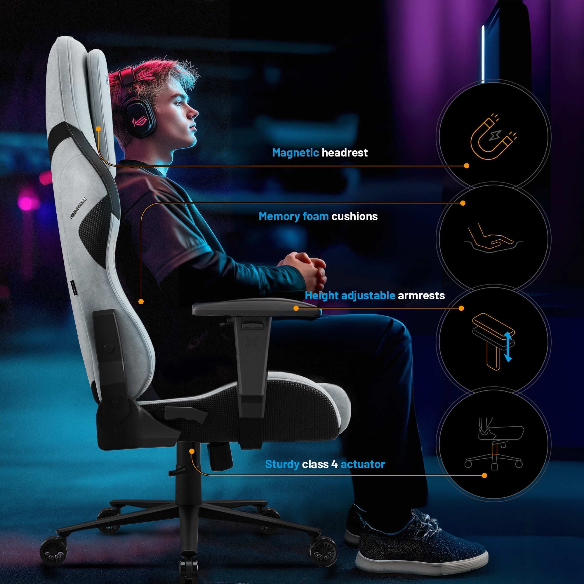 Osoba na fotelu do gier z oznaczonymi funkcjami. Krzesło ma zagłówek, podłokietniki i poduszki.