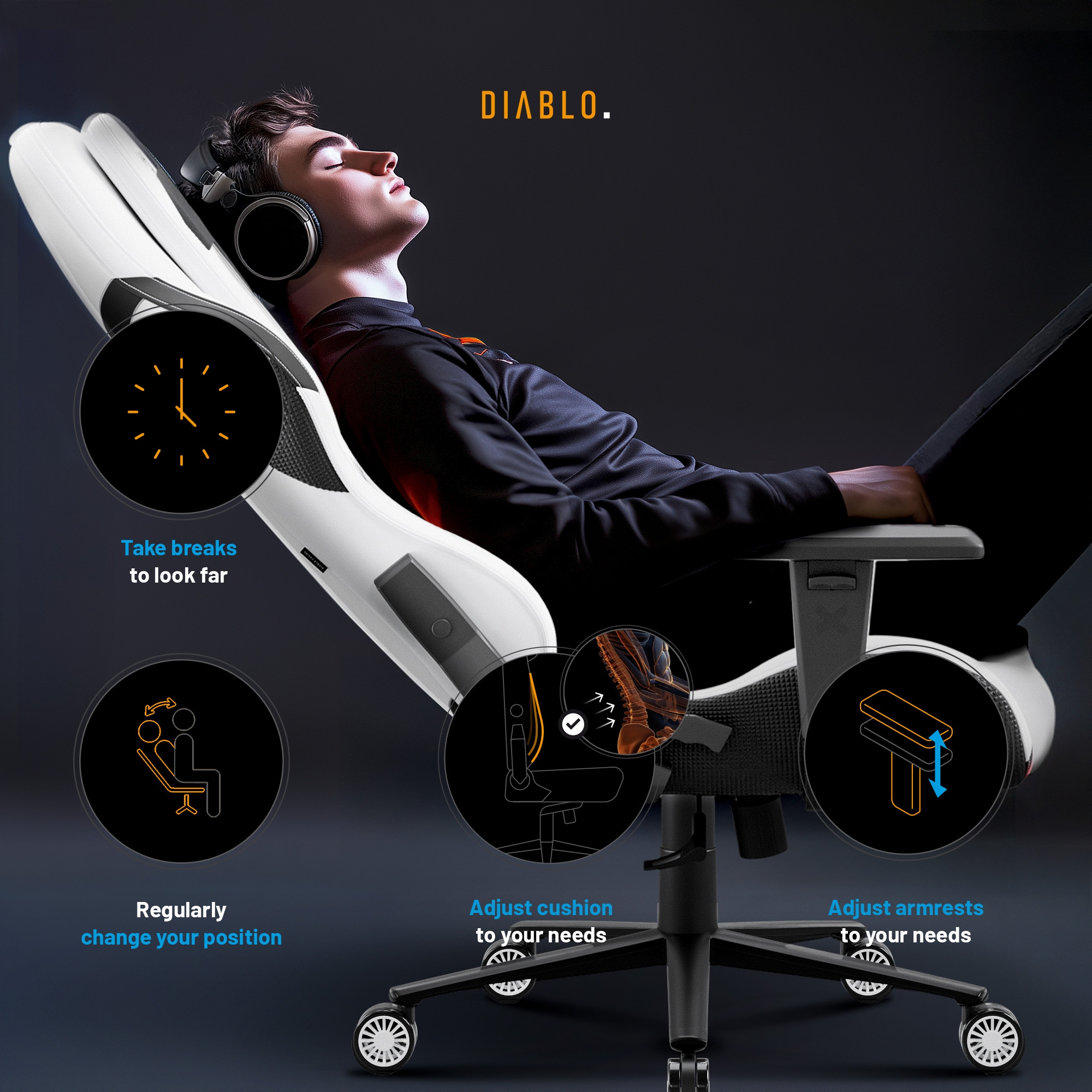 Mężczyzna siedzący na białym i czarnym krześle do gier z diagramami.