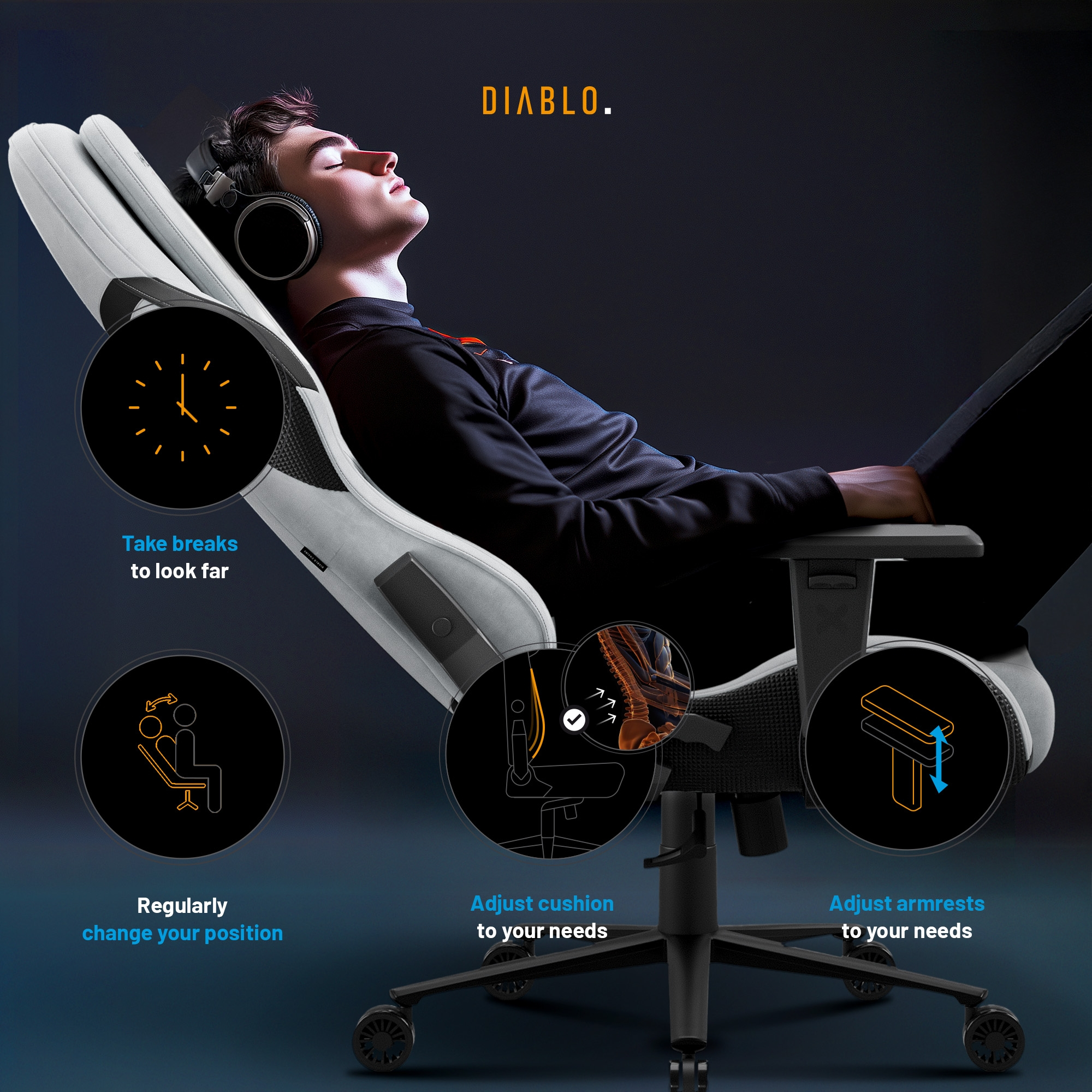 Osoba opiera się w czarno-białym fotelu gamingowym ze słuchawkami, z diagramami.