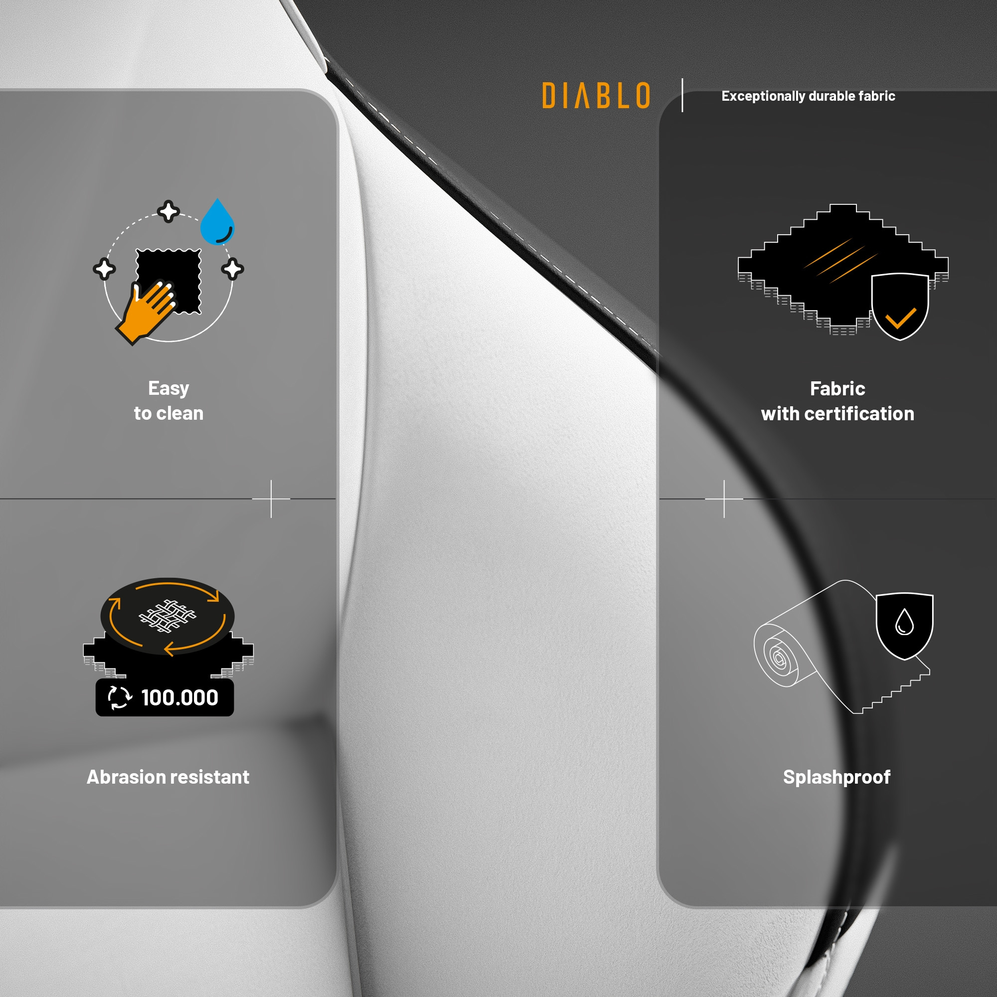 Zbliżenie czarno-białej grafiki z tekstem: Łatwy w czyszczeniu, odporny na ścieranie, tkanina z certyfikatem, odporny na zachlapania.