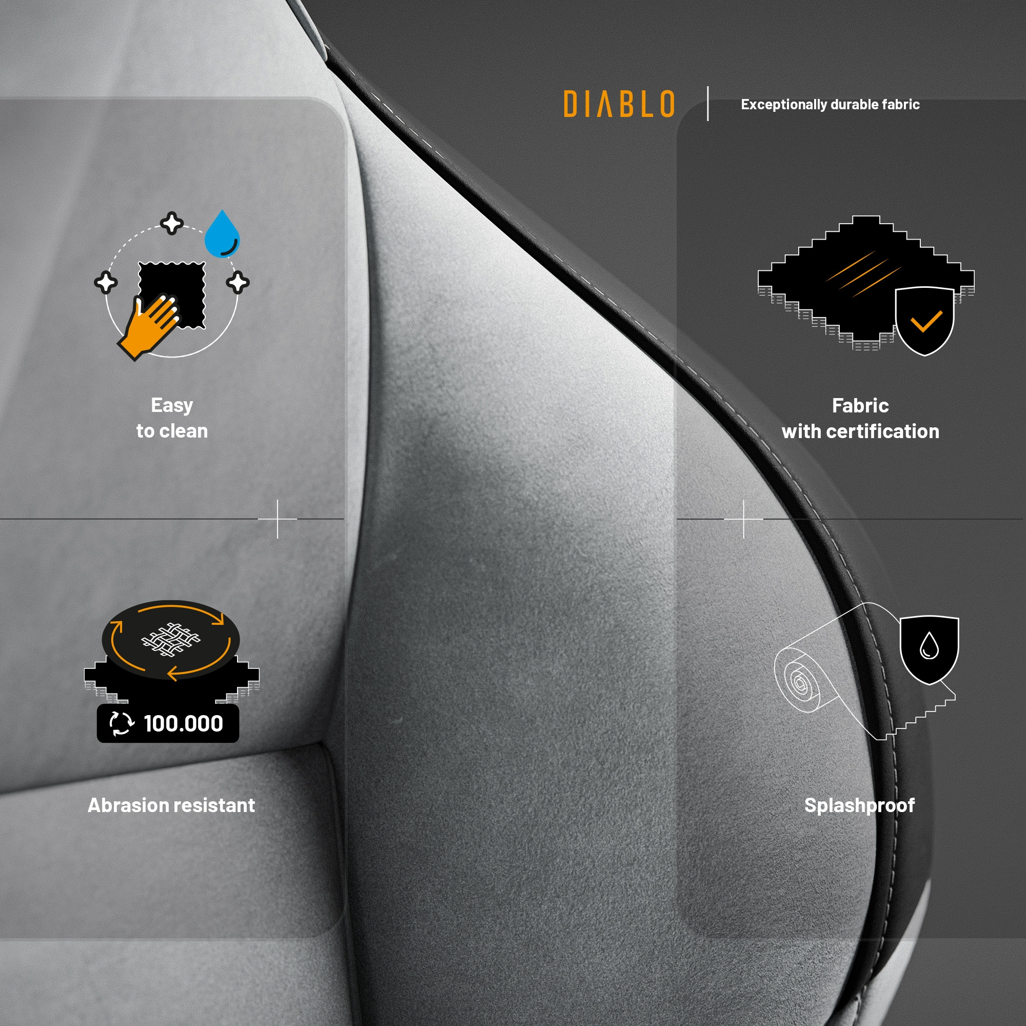 Zbliżenie szarego fotela samochodowego z certyfikatami tkanin i ikoną odporną na zachlapania.