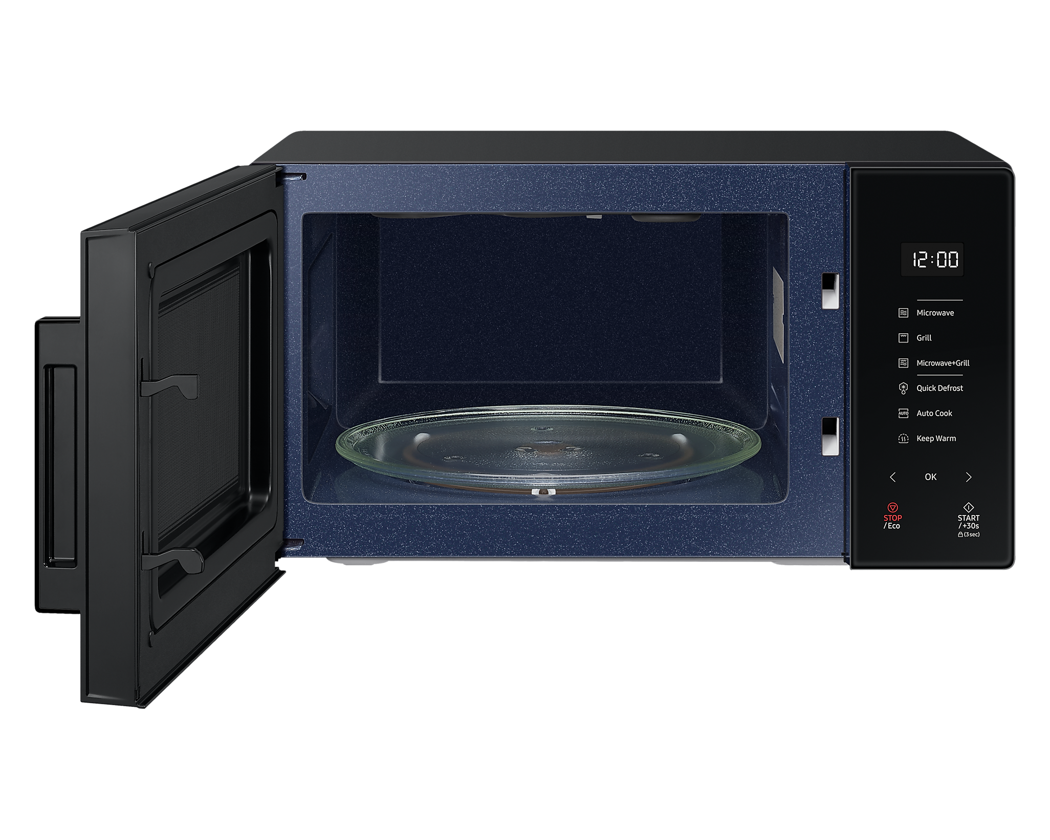 Czarna kuchenka mikrofalowa z otwartymi drzwiami ukazującymi niebieskie wnętrze i szklany talerz.