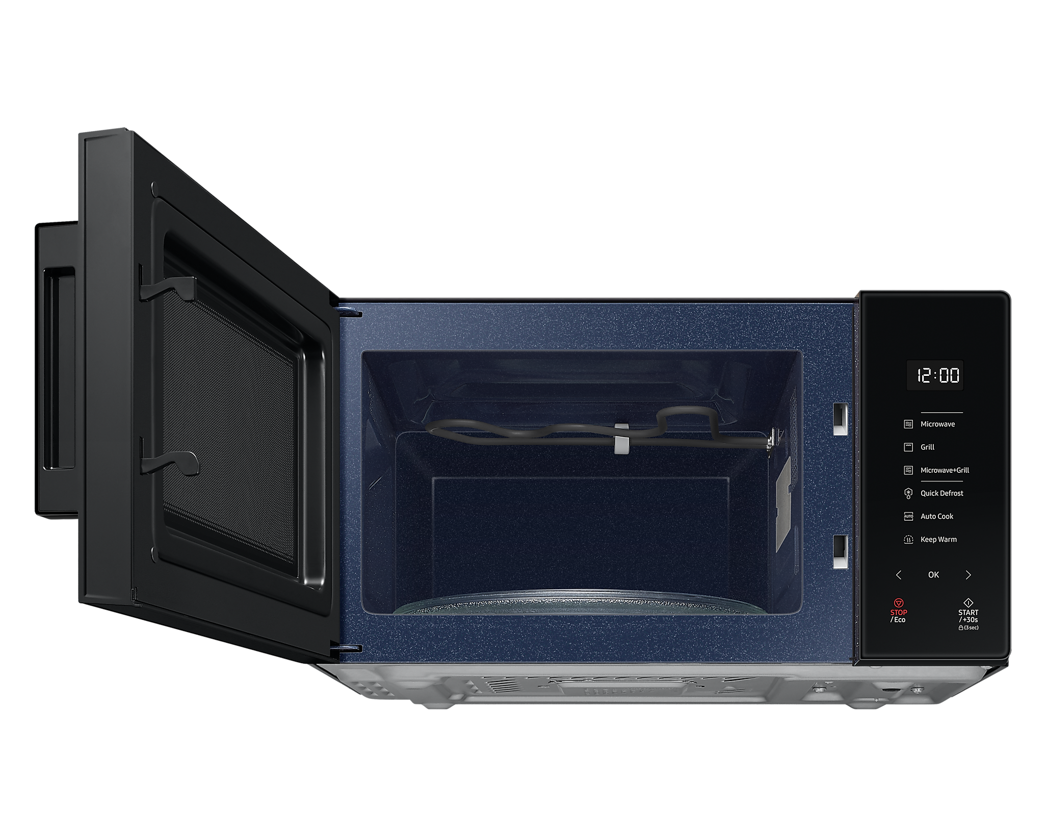Otwarty czarny wnętrze kuchenki mikrofalowej z niebieskim wnętrzem i elementami sterującymi.