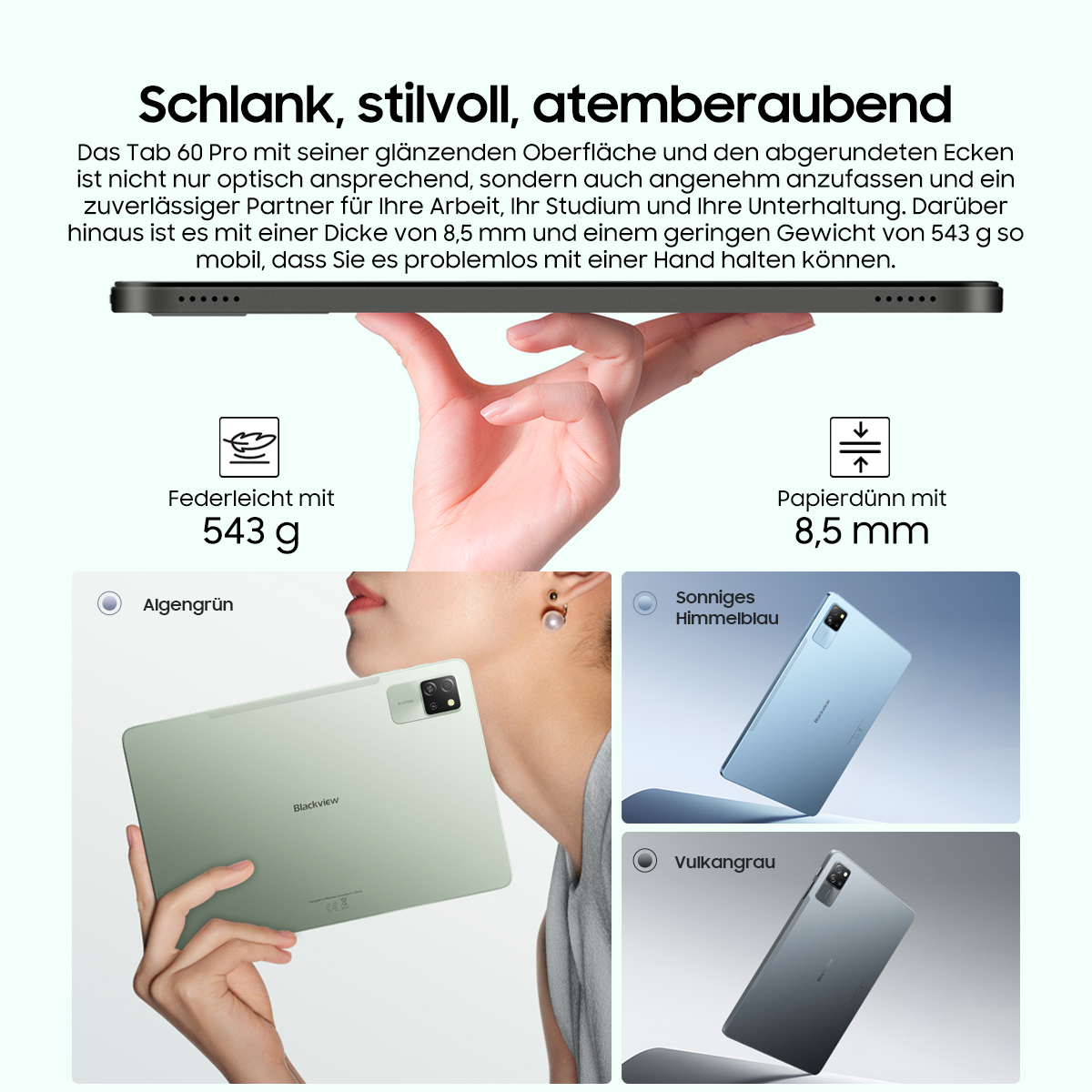 Eine Hand hält ein Tablet. Darunter Tablets in Grün, Blau und Grau. Text hebt Dünne und geringes Gewicht hervor.