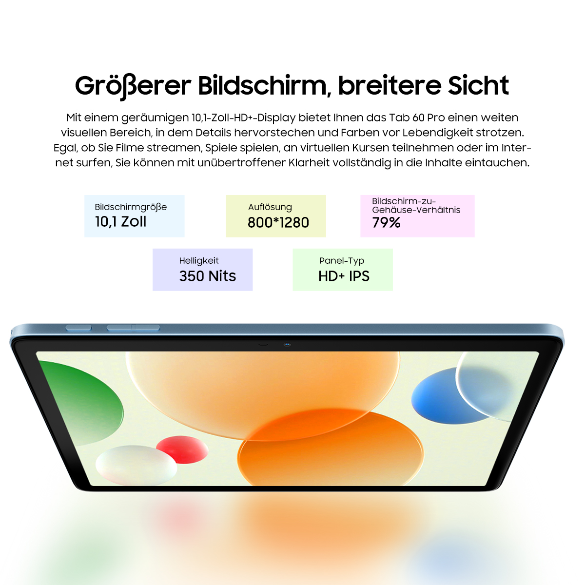 Ein Tablet mit einem Bildschirm, der abstrakte orange und blaue Formen auf weißem Hintergrund zeigt. Text über die Funktionen des Bildschirms.