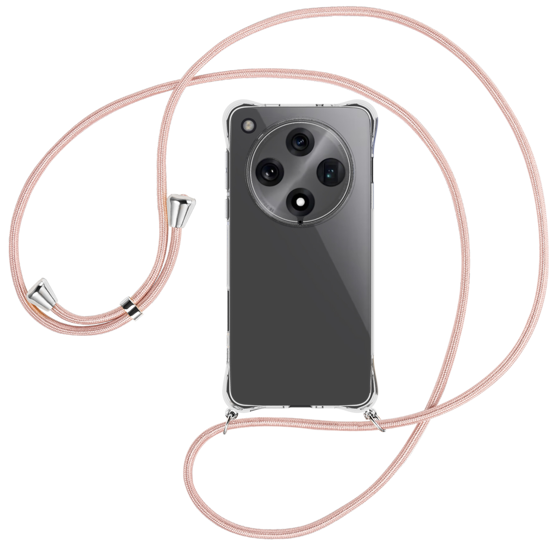 Telefon mit rosafarbenem Kabel. Es hat silberne Akzente. Der Hintergrund ist weiß.