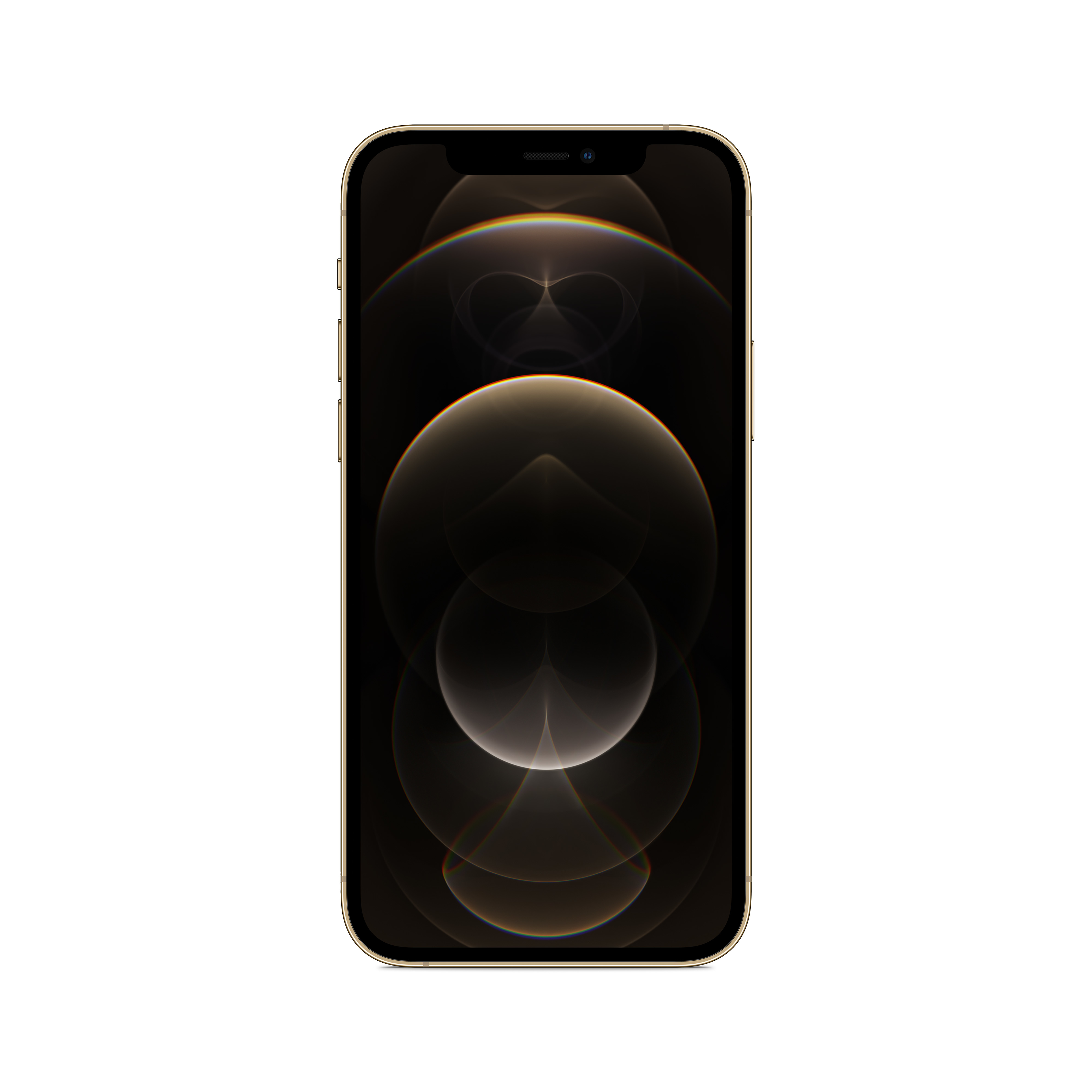 Złoty telefon z włączonym ekranem, wyświetlającym ciemne tło z białymi okręgami.