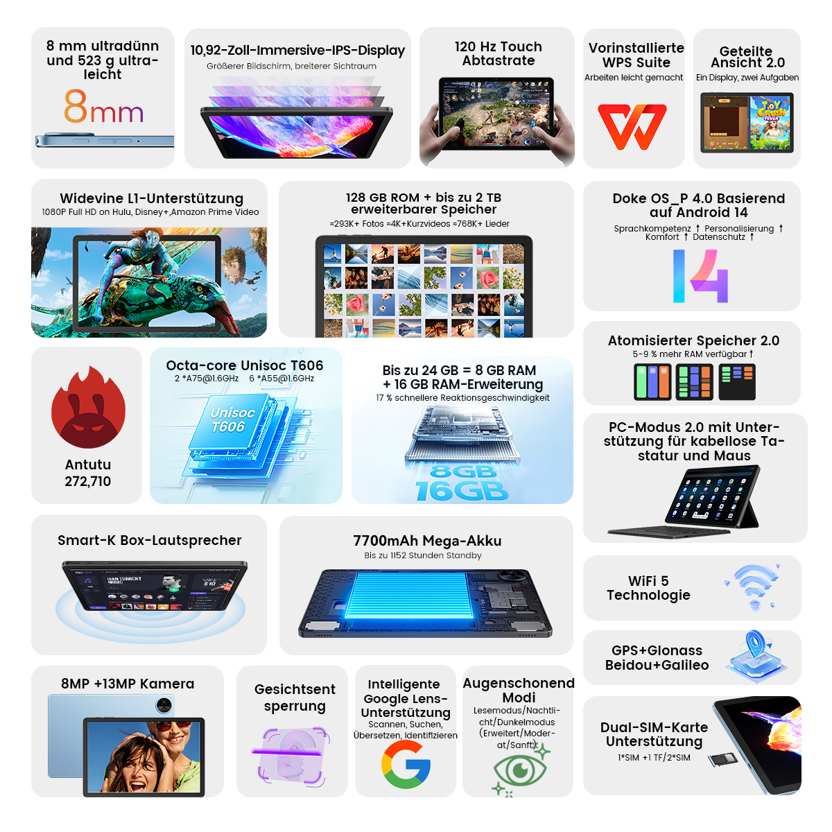 Tablet mit Spezifikationen: 8mm dünn, 10,92" Display, 120Hz Touch, 128GB ROM, 8GB RAM, 7700mAh Akku, 8MP+13MP Kamera.