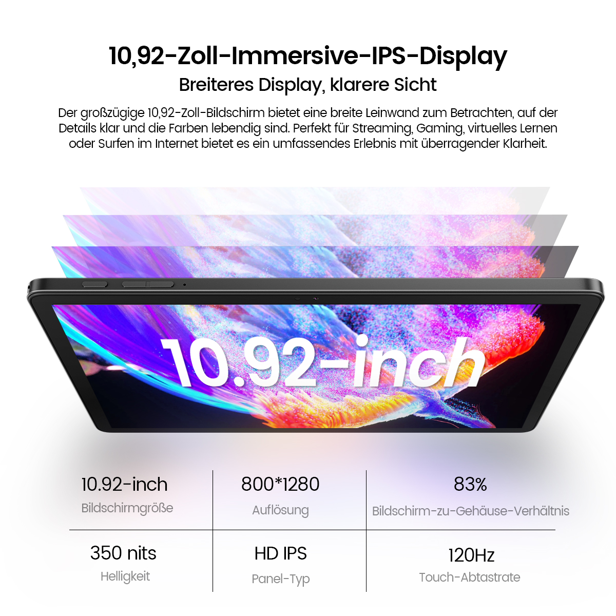 Tablet mit 10,92-Zoll-Display, 800*1280 Auflösung, 83 % Bildschirm-zu-Gehäuse-Verhältnis. HD IPS, 120 Hz Touch.