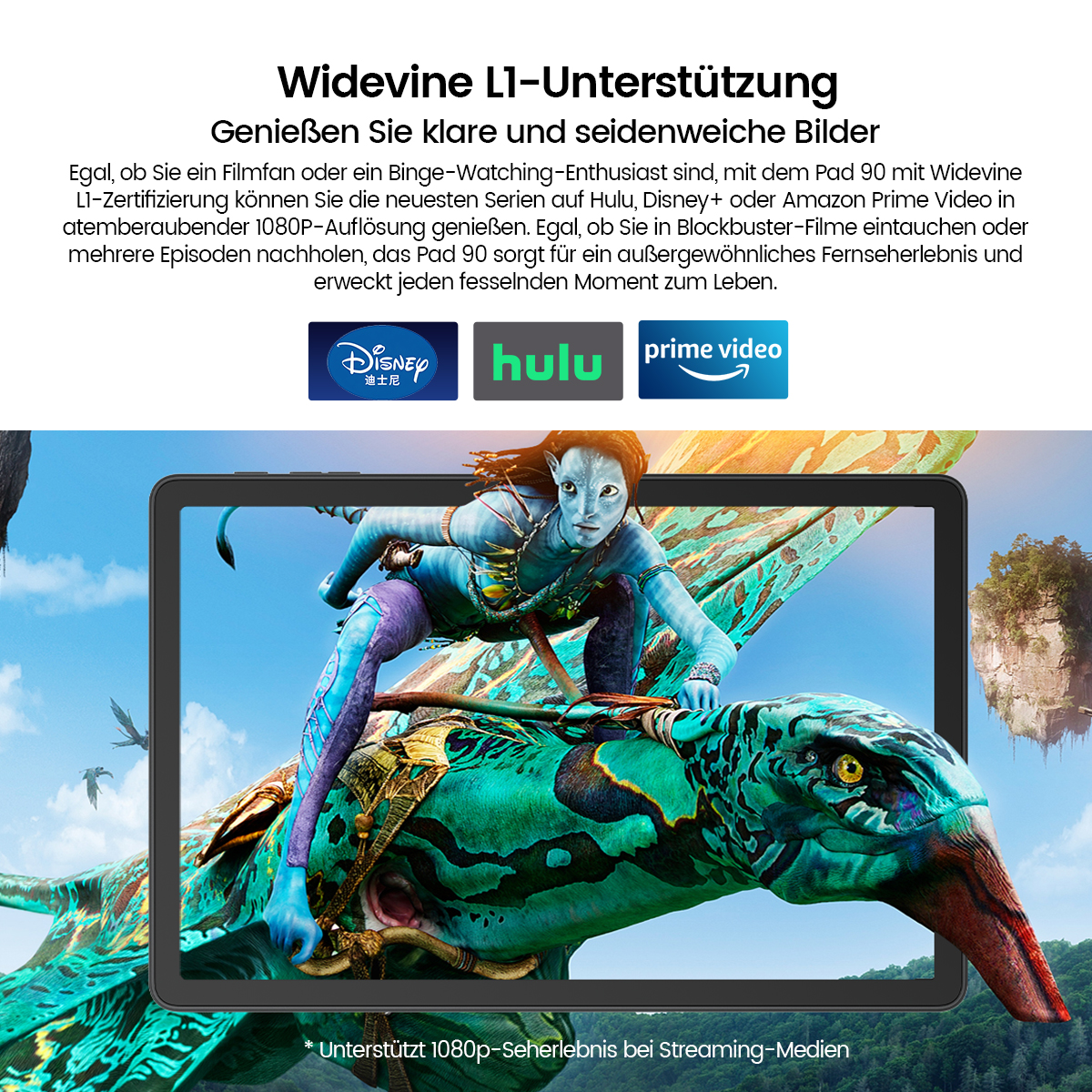 Ein Tablet zeigt eine Avatar-Szene. Ein blauer Außerirdischer reitet auf einem grünen Geschöpf. Himmel und Berge im Hintergrund.
