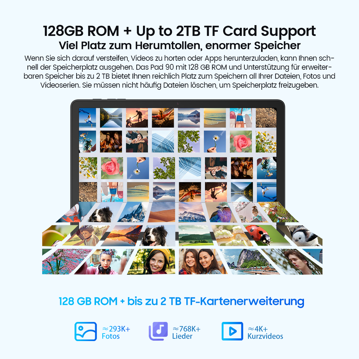 Tablet mit Bildern, Text über Speicherkapazität und Symbolen für Fotos, Songs und Videos.
