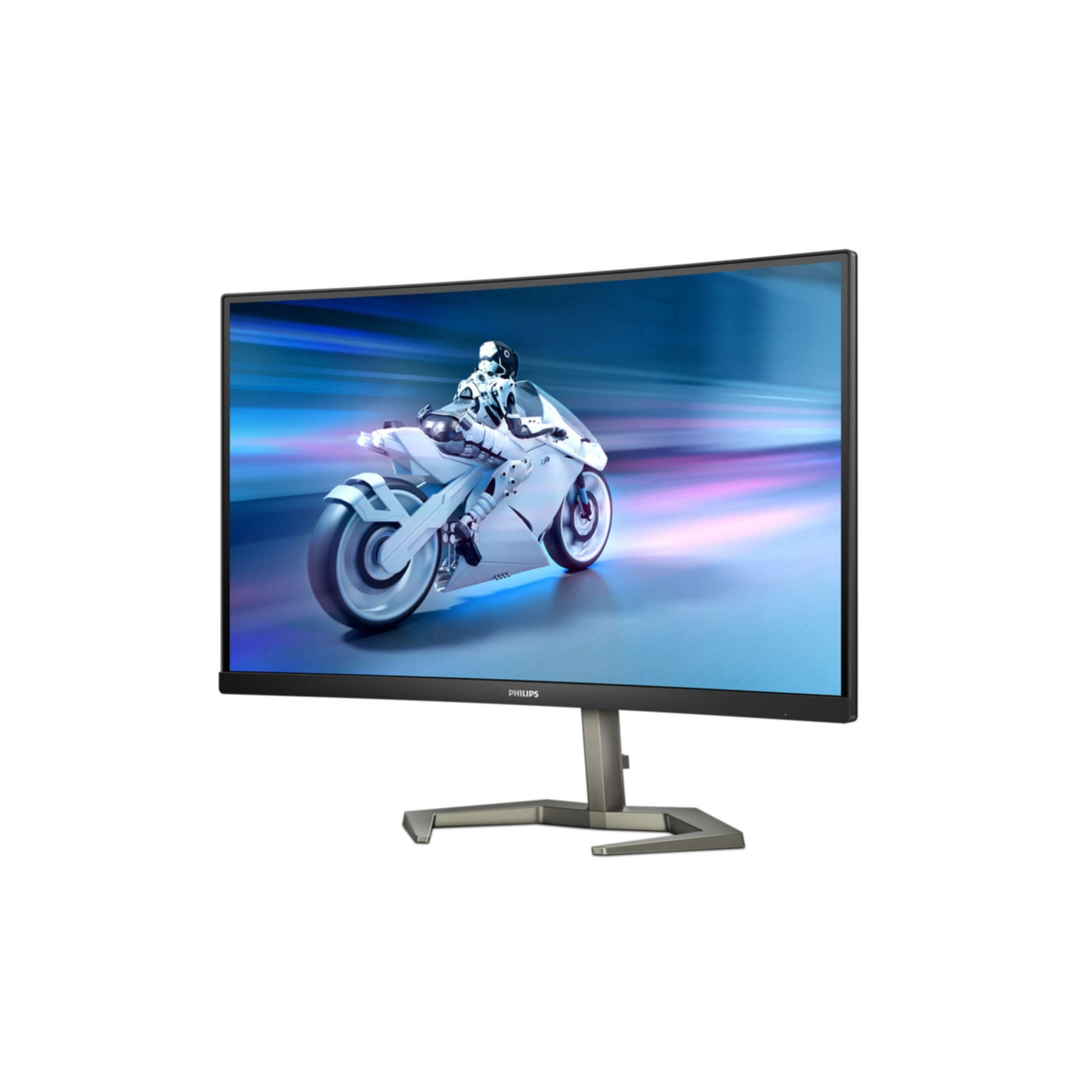 Zakrzywiony monitor wyświetlający motocyklistę na torze. Monitor ma srebrną podstawę.