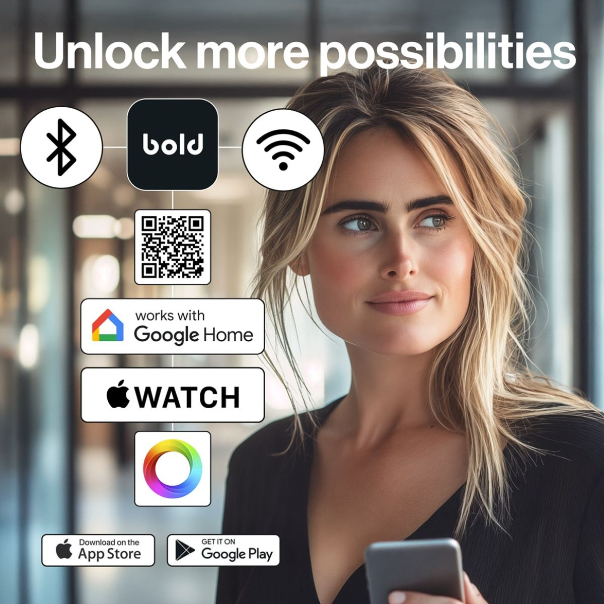 Mujer con iconos de smartphone que indican opciones de conectividad: Bluetooth, Wifi, código QR, Google Home, Apple Watch.