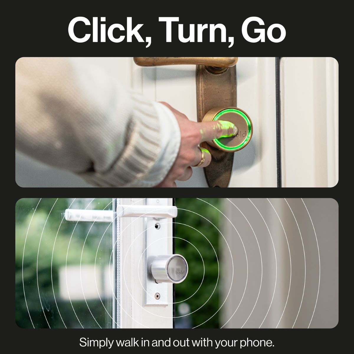 Eine Hand entriegelt ein Smart Lock. Oben eine Hand, unten ein Smart Lock.