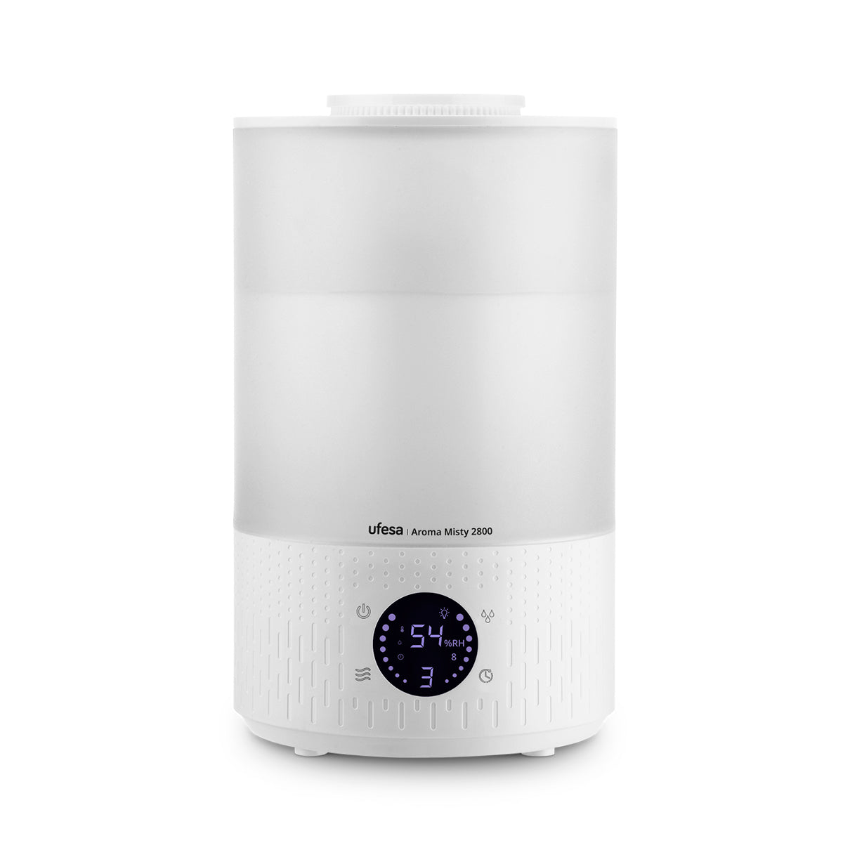 Humidificador blanco y transparente con pantalla LCD.