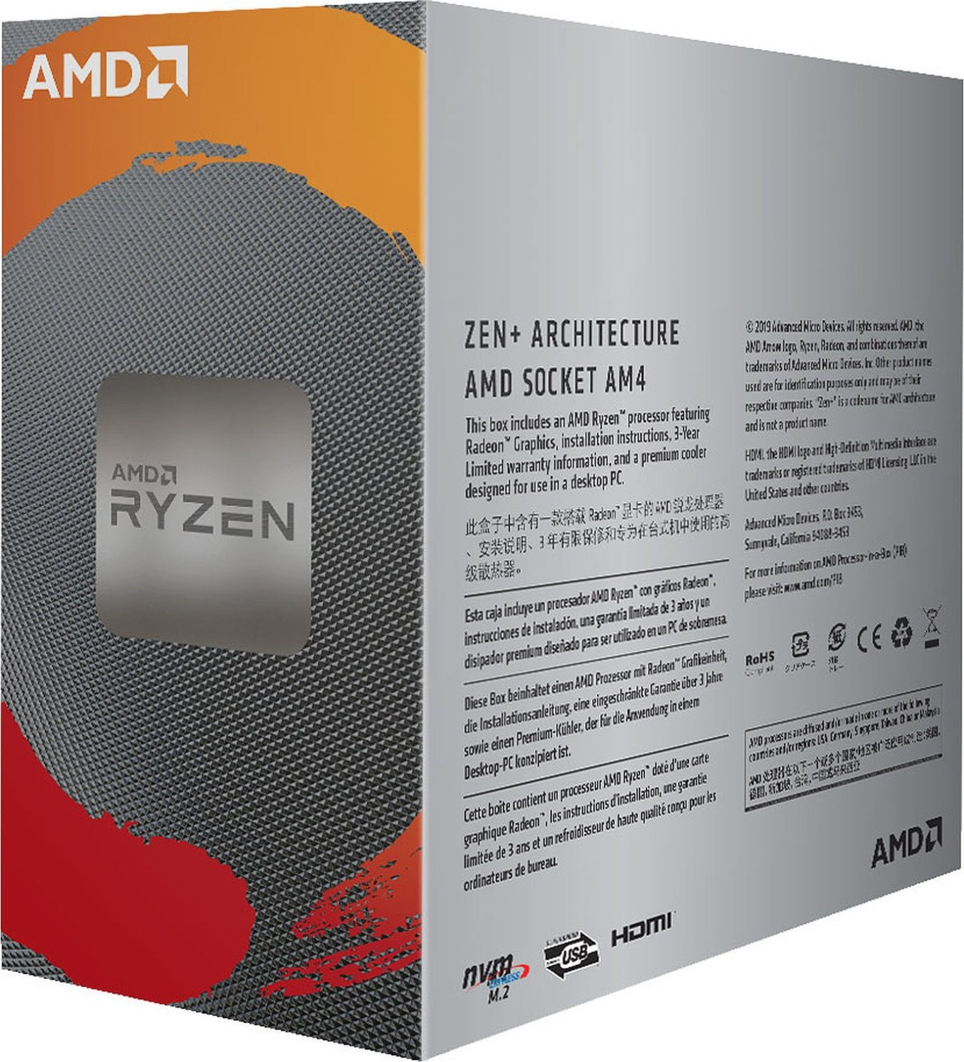 Pudełko procesora AMD Ryzen z tekstem, pomarańczowym i szarym designem.